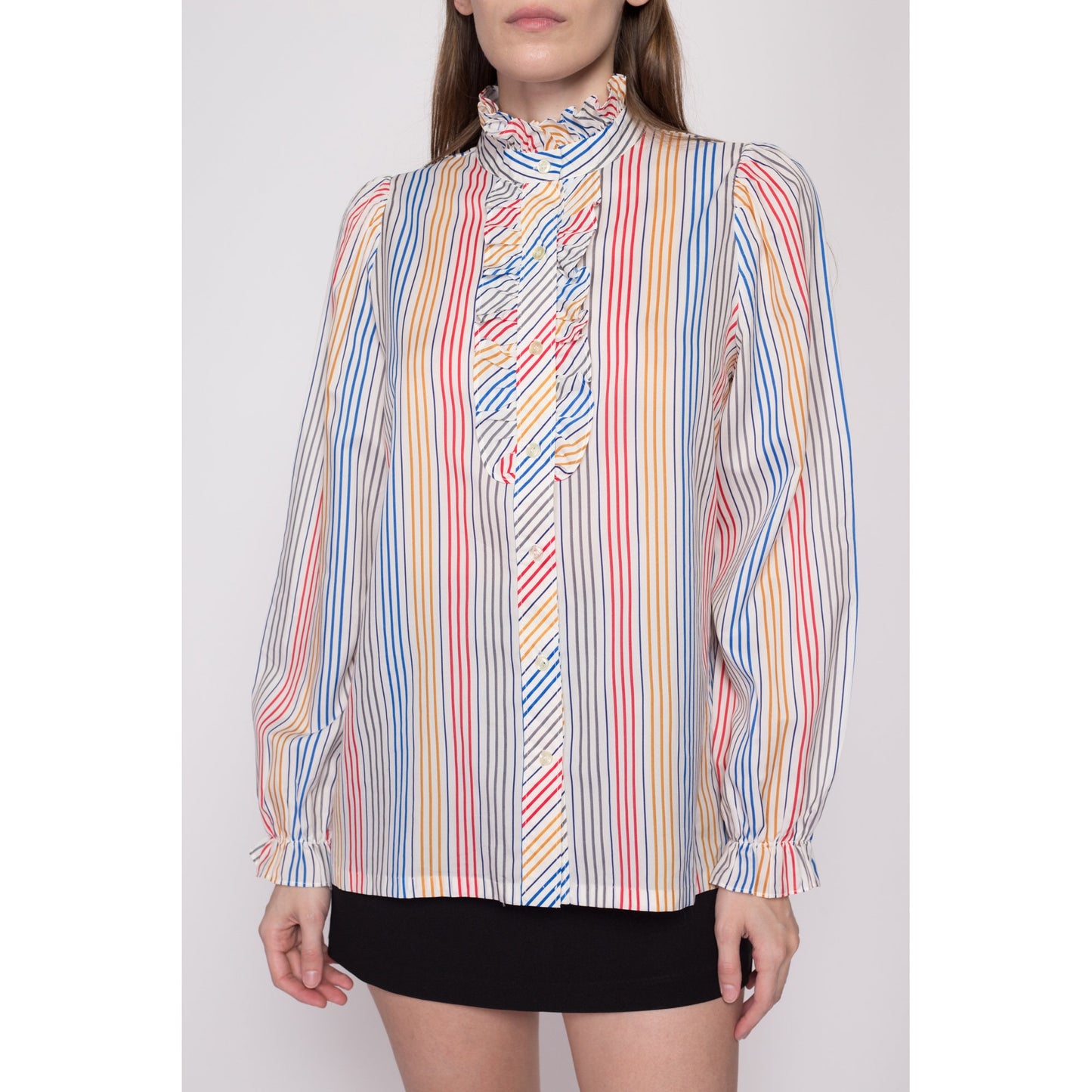 Large 70s Candy Striped Tuxedo Ruffle Blouse | Vintage Long Sleeve Collared Button Up Shirt