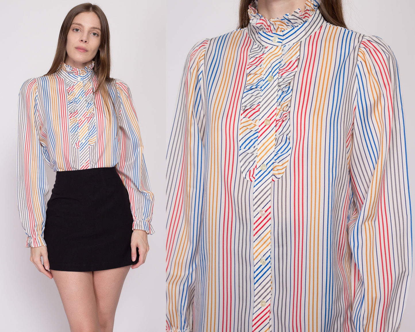 Large 70s Candy Striped Tuxedo Ruffle Blouse | Vintage Long Sleeve Collared Button Up Shirt
