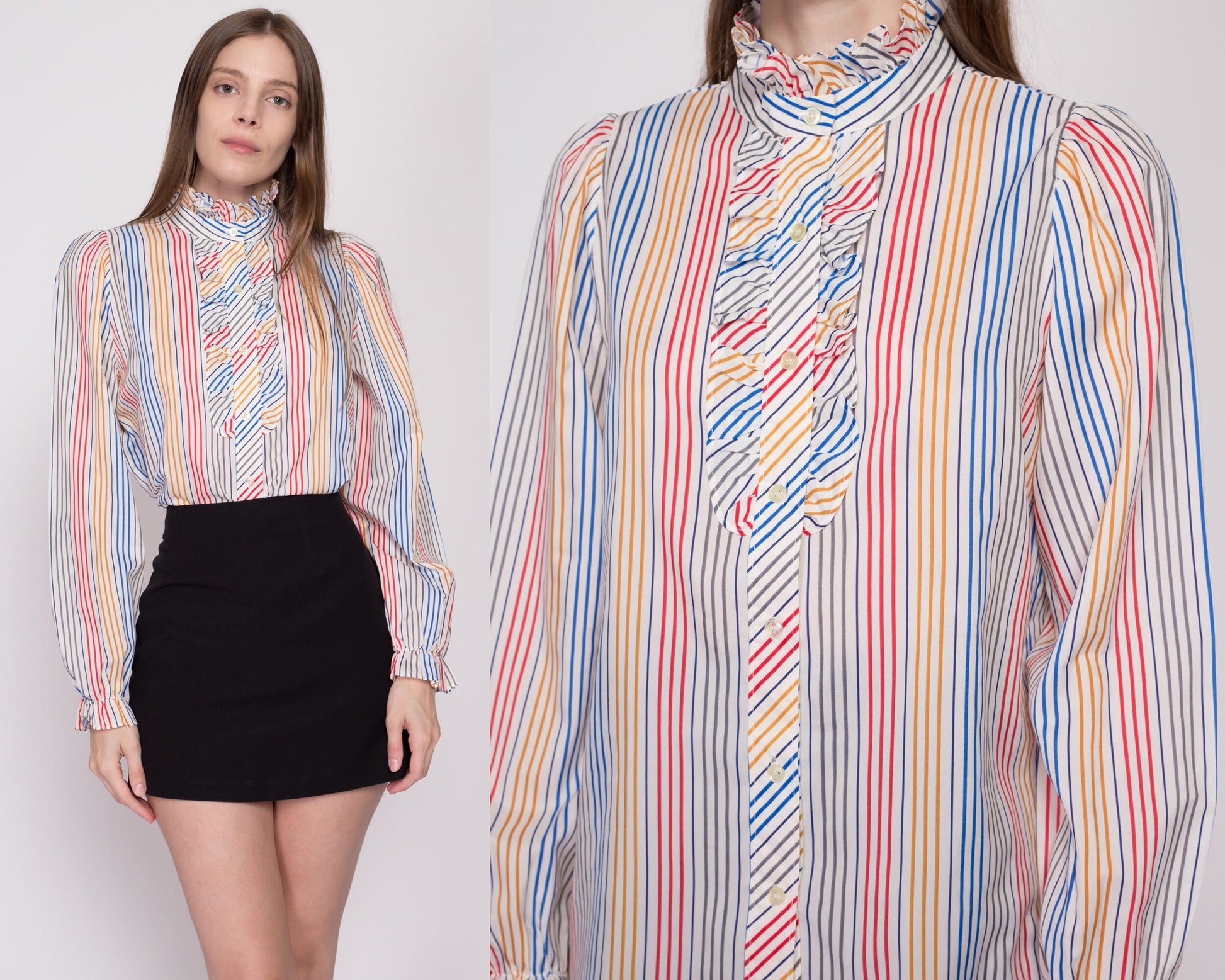 Large 70s Candy Striped Tuxedo Ruffle Blouse | Vintage Long Sleeve Collared Button Up Shirt