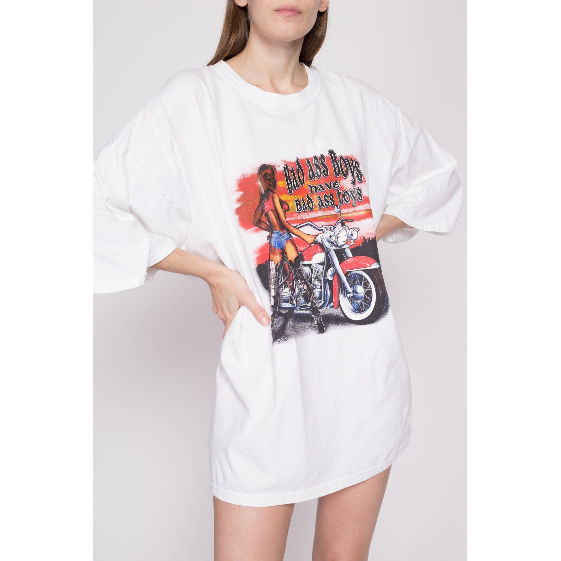3XL 90s "Bad Ass Boys Have Bad Ass Toys" Biker Chick T Shirt | Vintage Sexy Motorcycle Graphic Oversize Tee