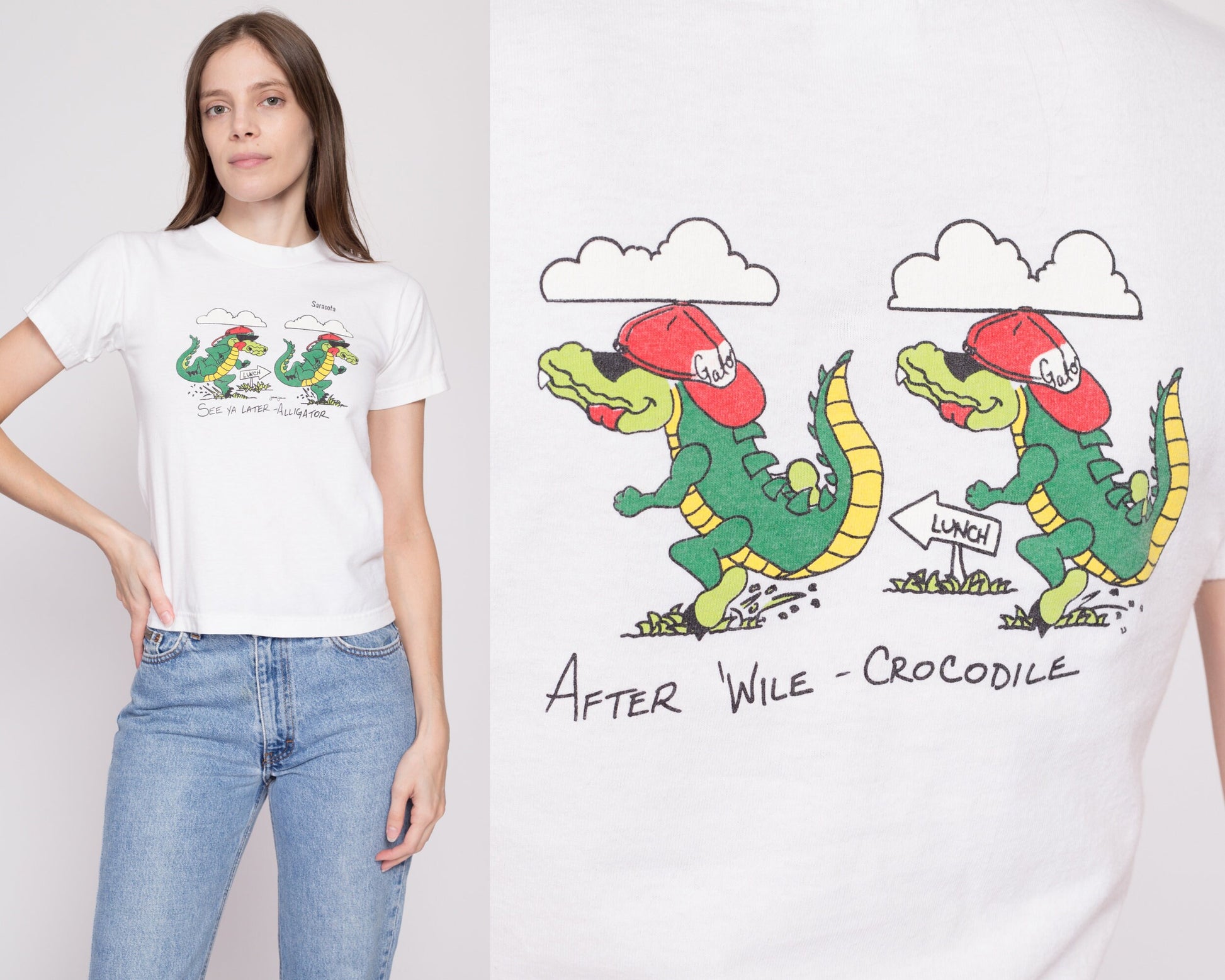 XXS-XS 90s "See Ya Later Alligator" Sarasota Florida T Shirt | Vintage White Cartoon Crocodile Front Back Graphic Tourist Tee