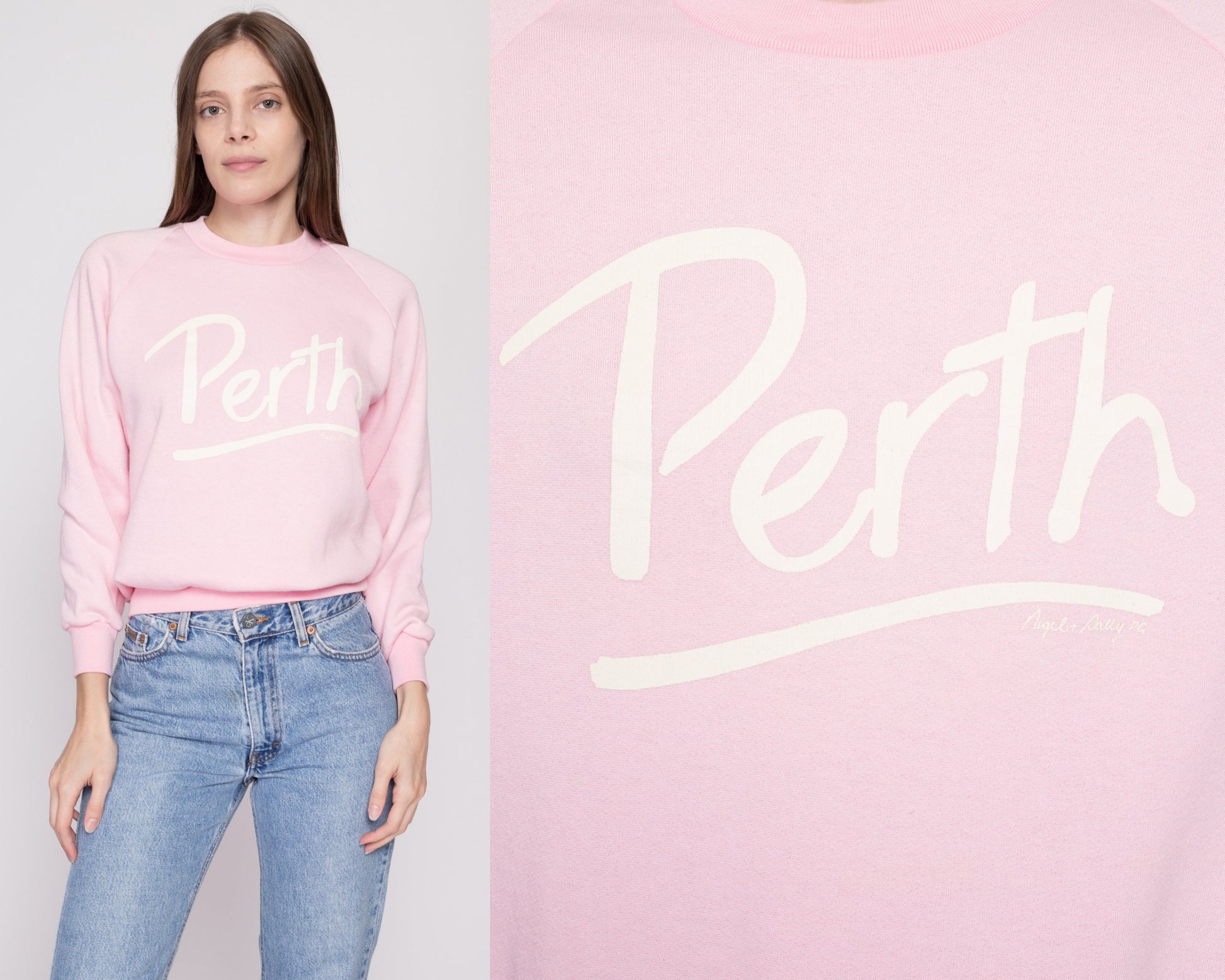 Small 80s Perth Australia Pink Tourist Sweatshirt | Vintage Raglan Sleeve Graphic Crewneck Pullover