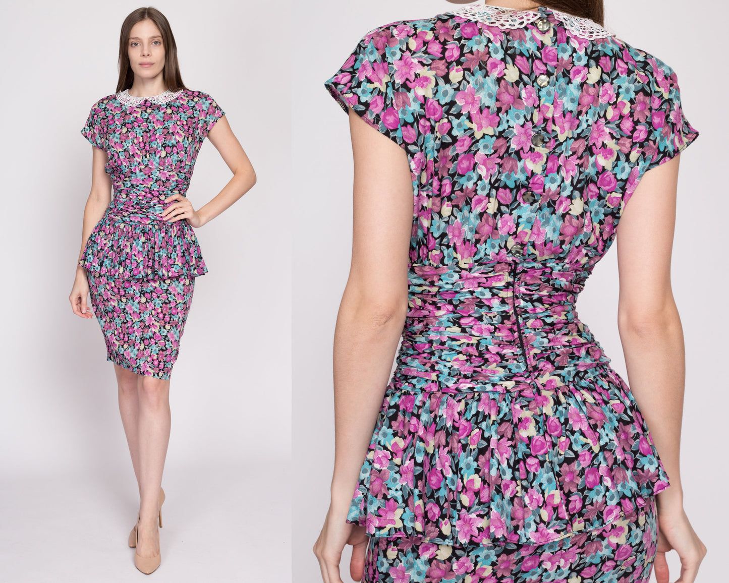 XS 80s Floral Peplum Wiggle Dress | Vintage Lace Peter Pan Collar Retro Knee Length Secretary Dress