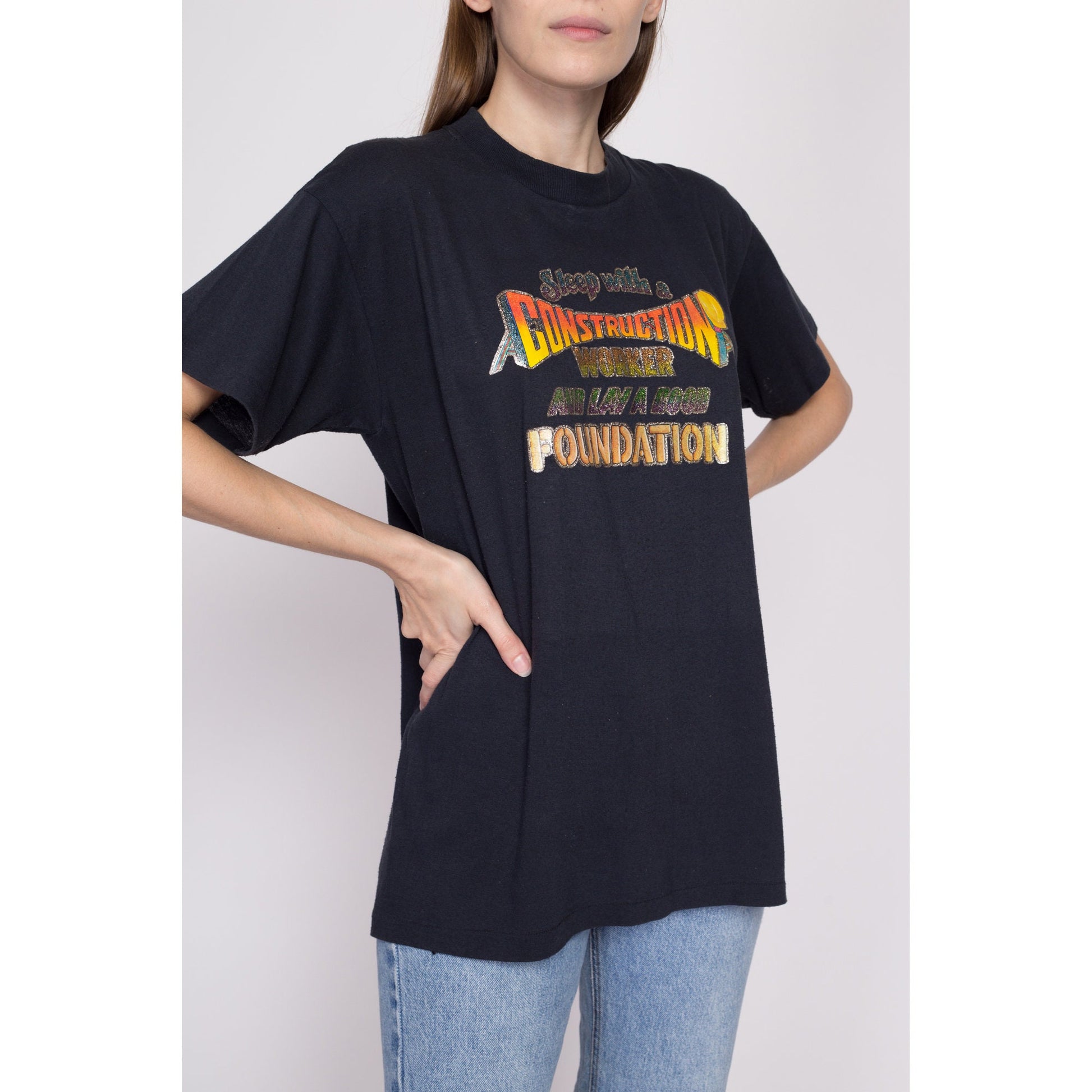 L-XL 80s "Sleep With A Construction Worker" Iron On T Shirt | Vintage Black Funny Sex Joke Graphic Tee