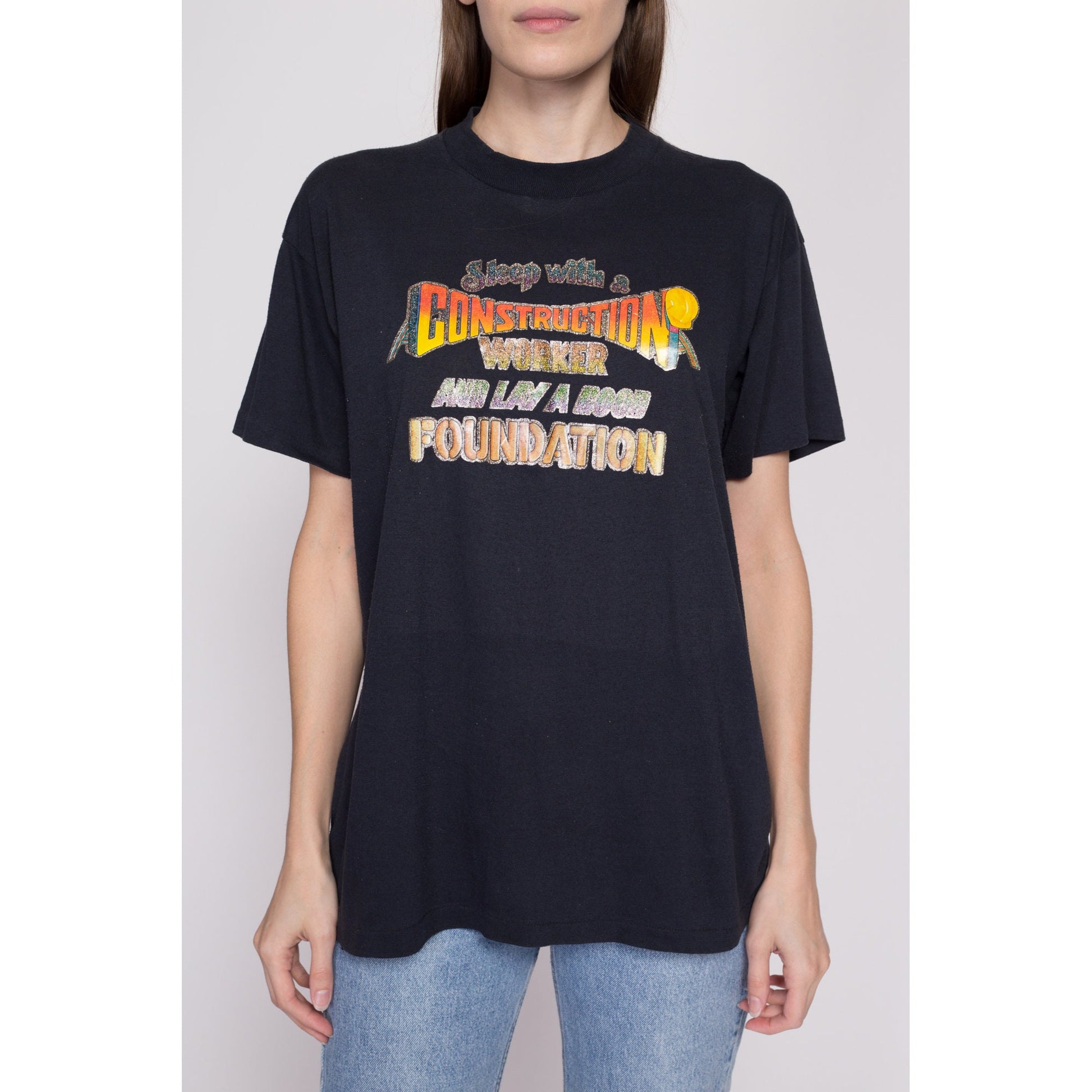 L-XL 80s "Sleep With A Construction Worker" Iron On T Shirt | Vintage Black Funny Sex Joke Graphic Tee