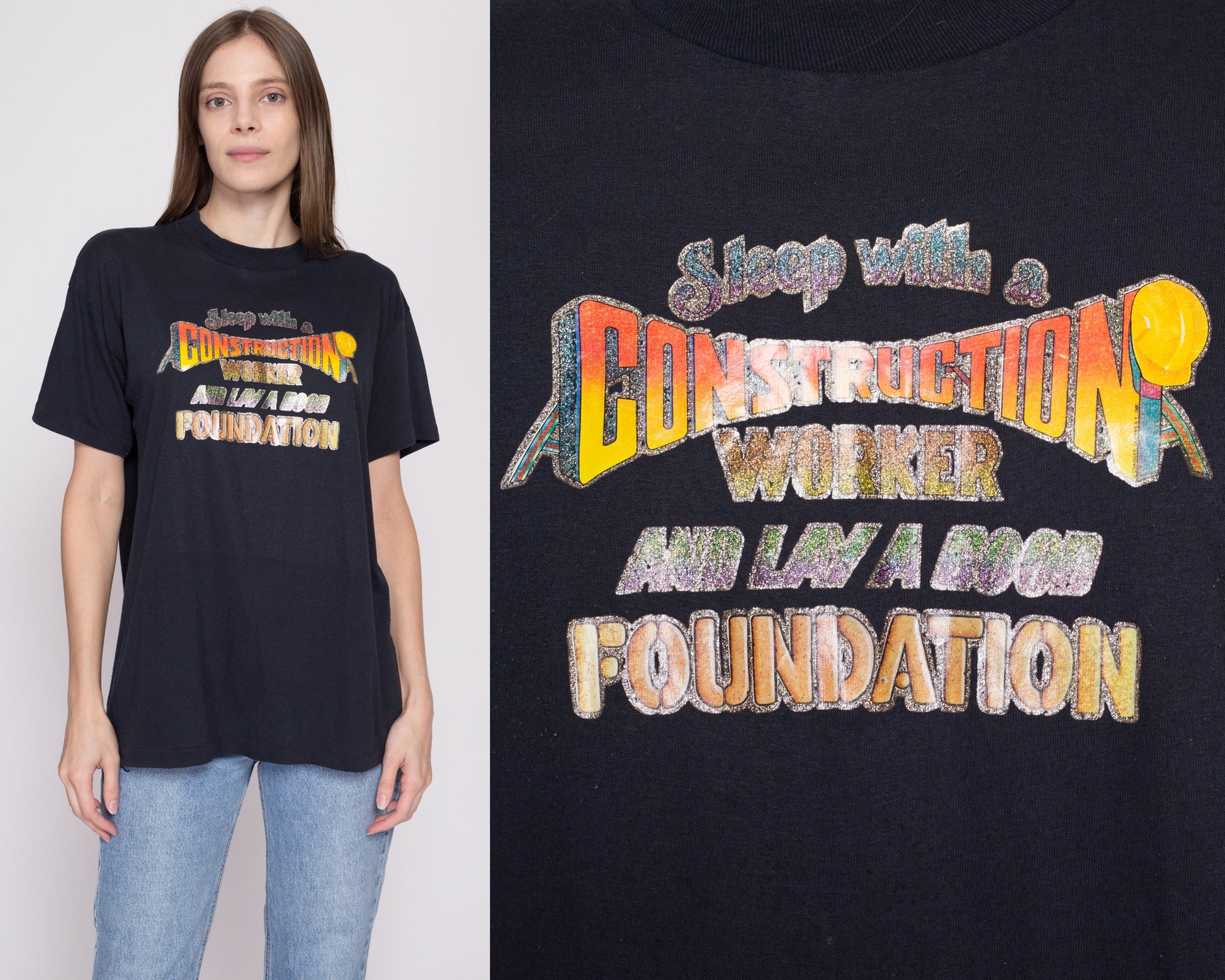 L-XL 80s "Sleep With A Construction Worker" Iron On T Shirt | Vintage Black Funny Sex Joke Graphic Tee