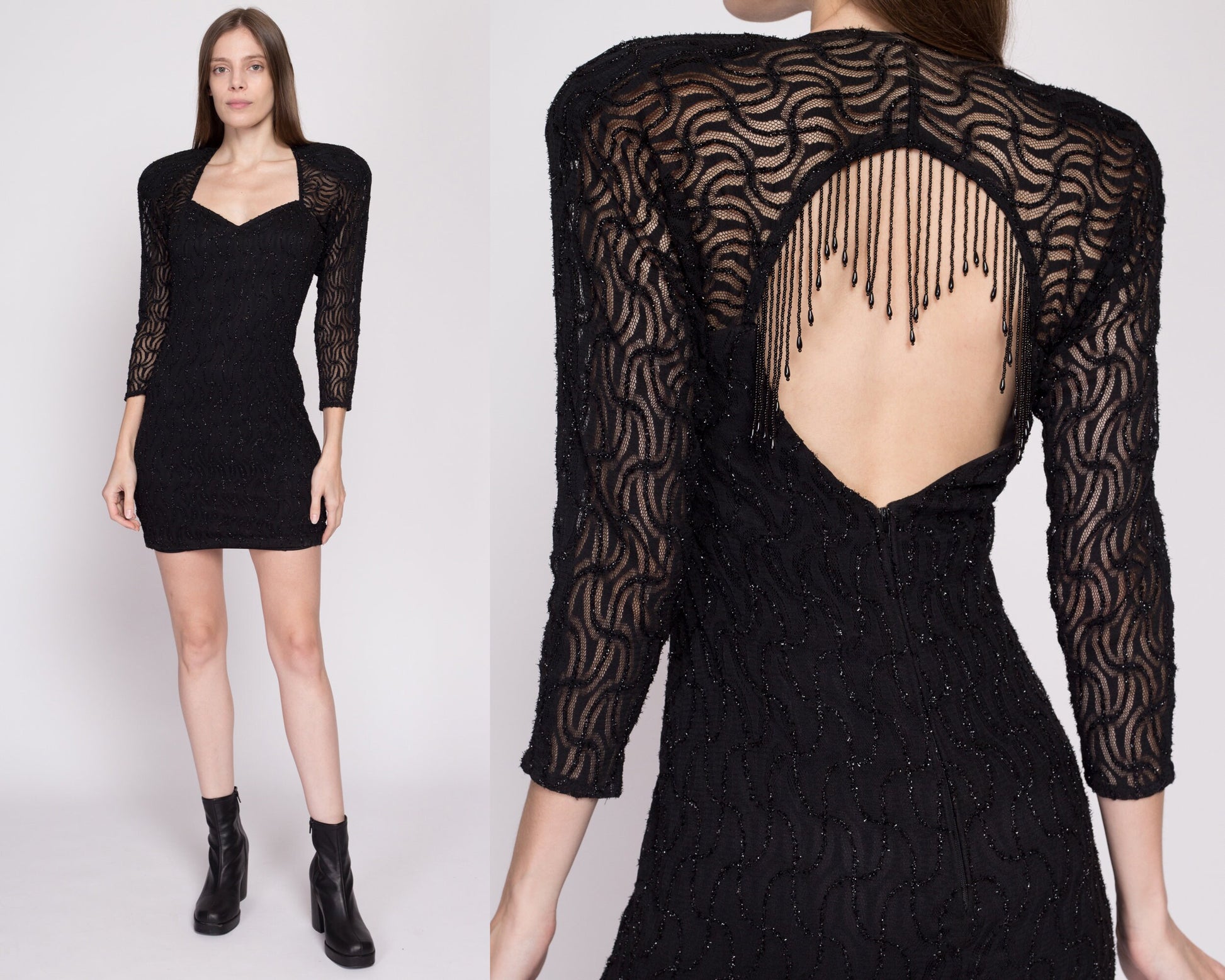 XS 80s Black Lace Fringe Keyhole Party Dress | Vintage Zum Zum Sexy Fitted 3/4 Sleeve Open Back Mini Dress