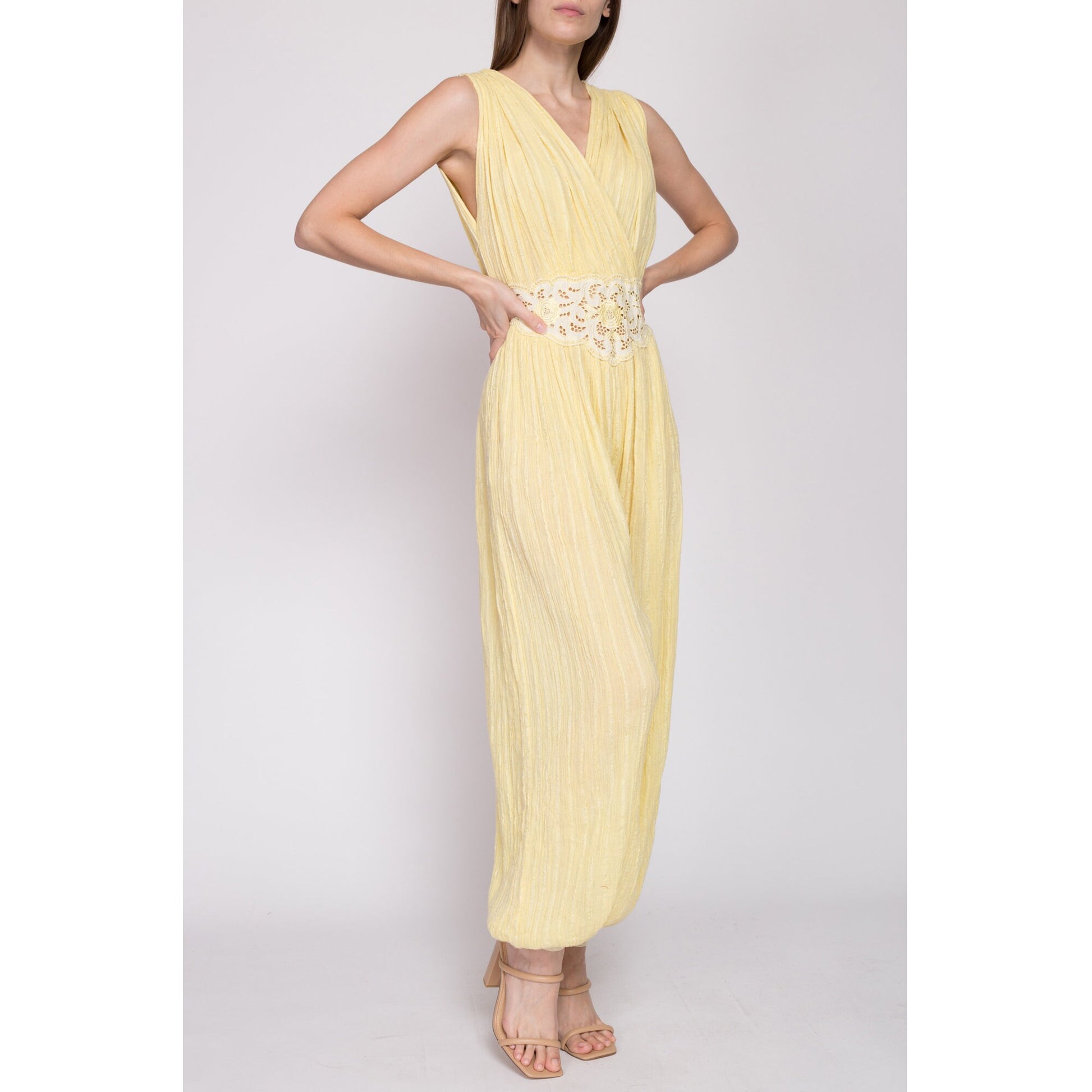 Sm-Med 70s Boho Yellow Gauzy Cotton Harem Jumpsuit | Vintage Floral Cut Out Grecian Hippie Pantsuit Genie Outfit