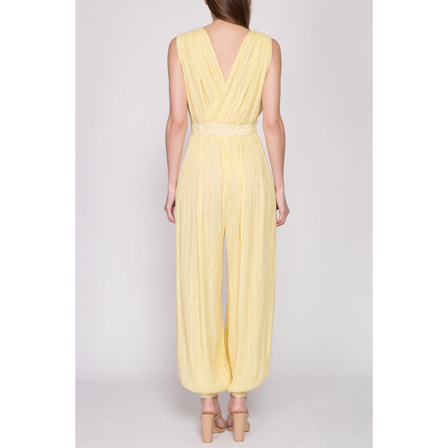Sm-Med 70s Boho Yellow Gauzy Cotton Harem Jumpsuit | Vintage Floral Cut Out Grecian Hippie Pantsuit Genie Outfit