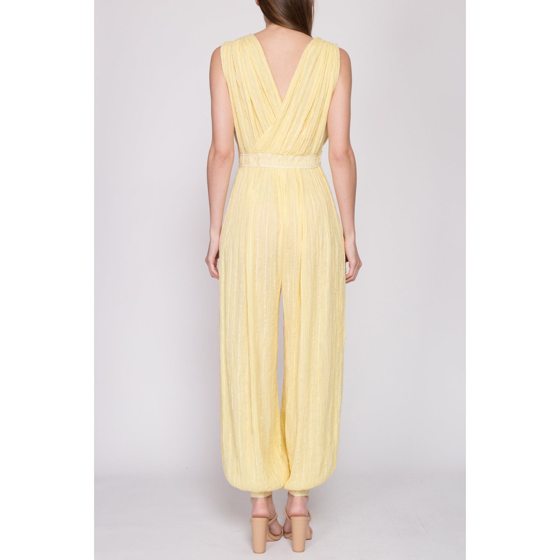Sm-Med 70s Boho Yellow Gauzy Cotton Harem Jumpsuit | Vintage Floral Cut Out Grecian Hippie Pantsuit Genie Outfit
