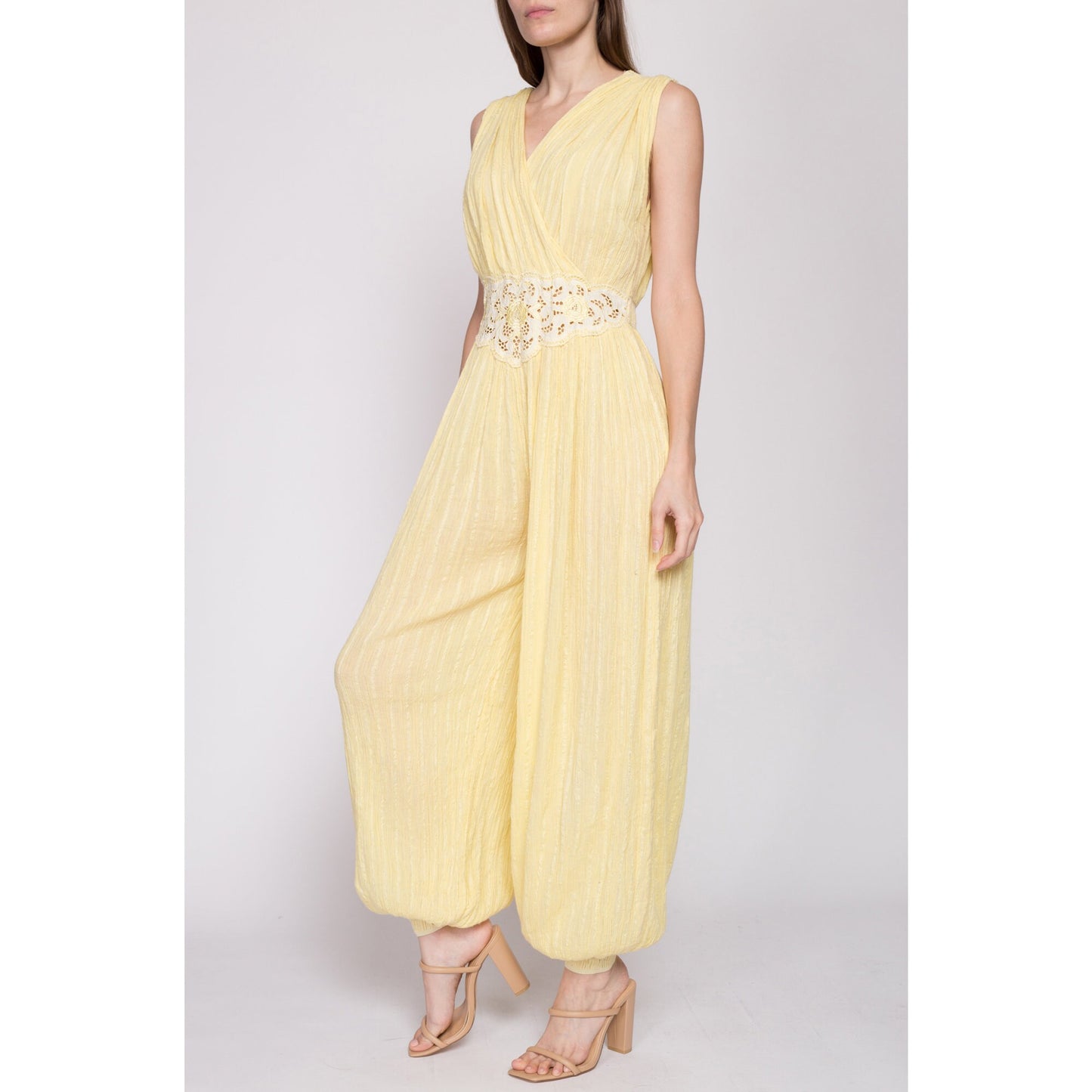 Sm-Med 70s Boho Yellow Gauzy Cotton Harem Jumpsuit | Vintage Floral Cut Out Grecian Hippie Pantsuit Genie Outfit