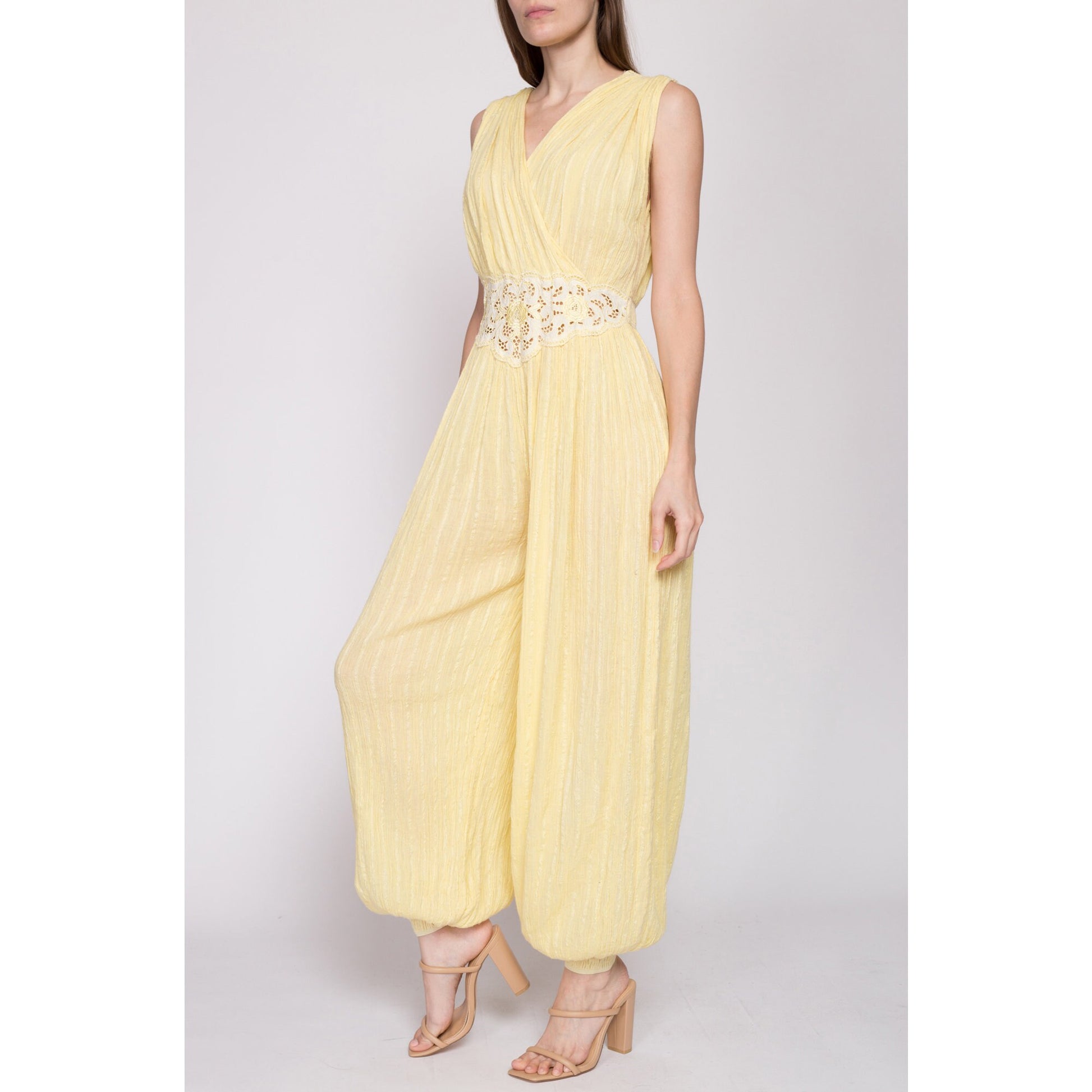 Sm-Med 70s Boho Yellow Gauzy Cotton Harem Jumpsuit | Vintage Floral Cut Out Grecian Hippie Pantsuit Genie Outfit