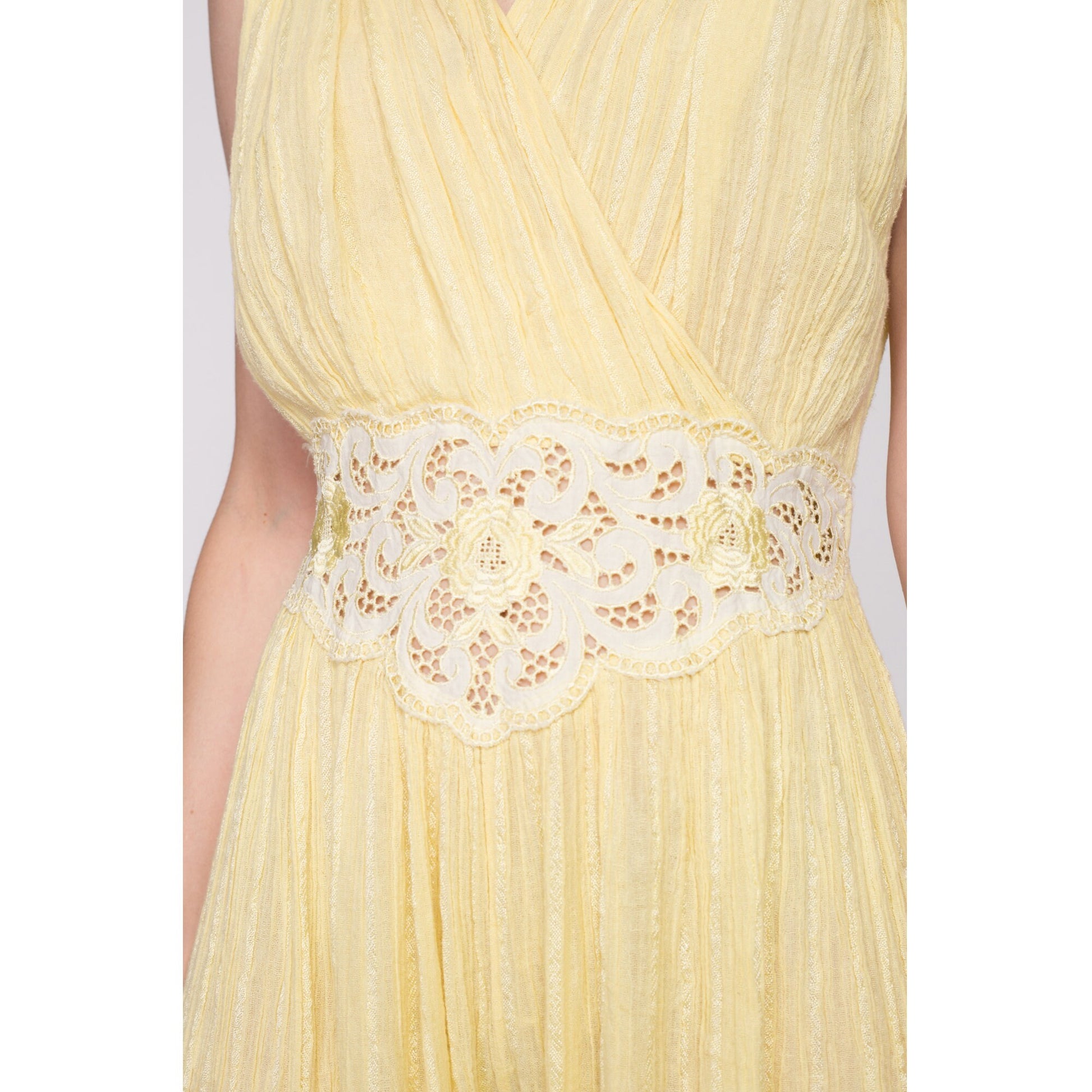 Sm-Med 70s Boho Yellow Gauzy Cotton Harem Jumpsuit | Vintage Floral Cut Out Grecian Hippie Pantsuit Genie Outfit