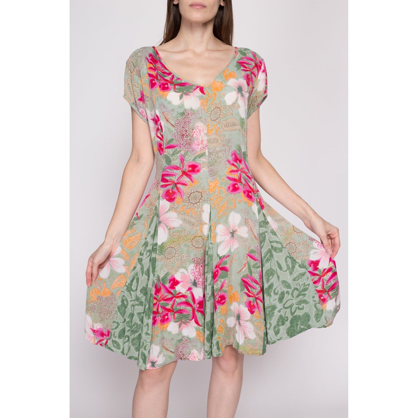 Large 90s Floral Rayon Babydoll Dress | Vintage Boho Grunge Short Sleeve Tie Back Mini Sundress