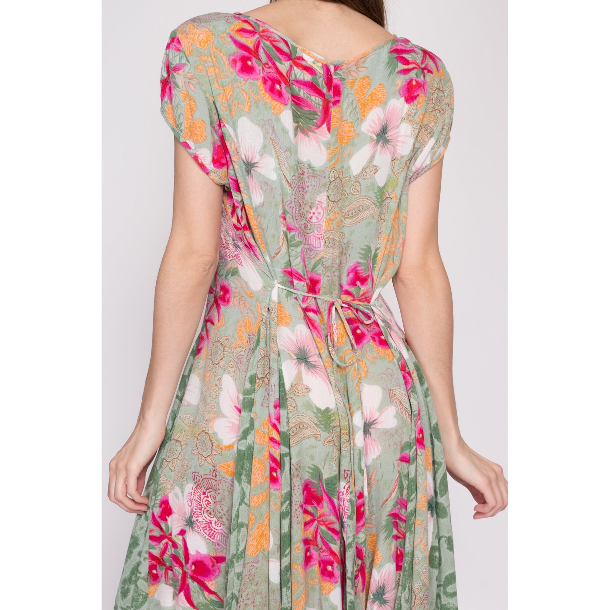 Large 90s Floral Rayon Babydoll Dress | Vintage Boho Grunge Short Sleeve Tie Back Mini Sundress
