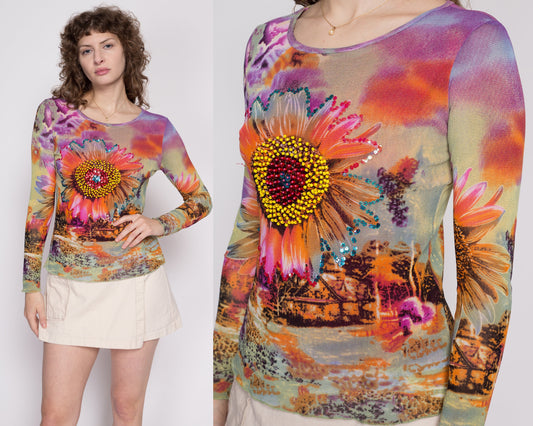 Sm-Med Y2K Sunflower Mesh Shirt | Vintage Colorful Floral Beaded Sequin Long Sleeve Top