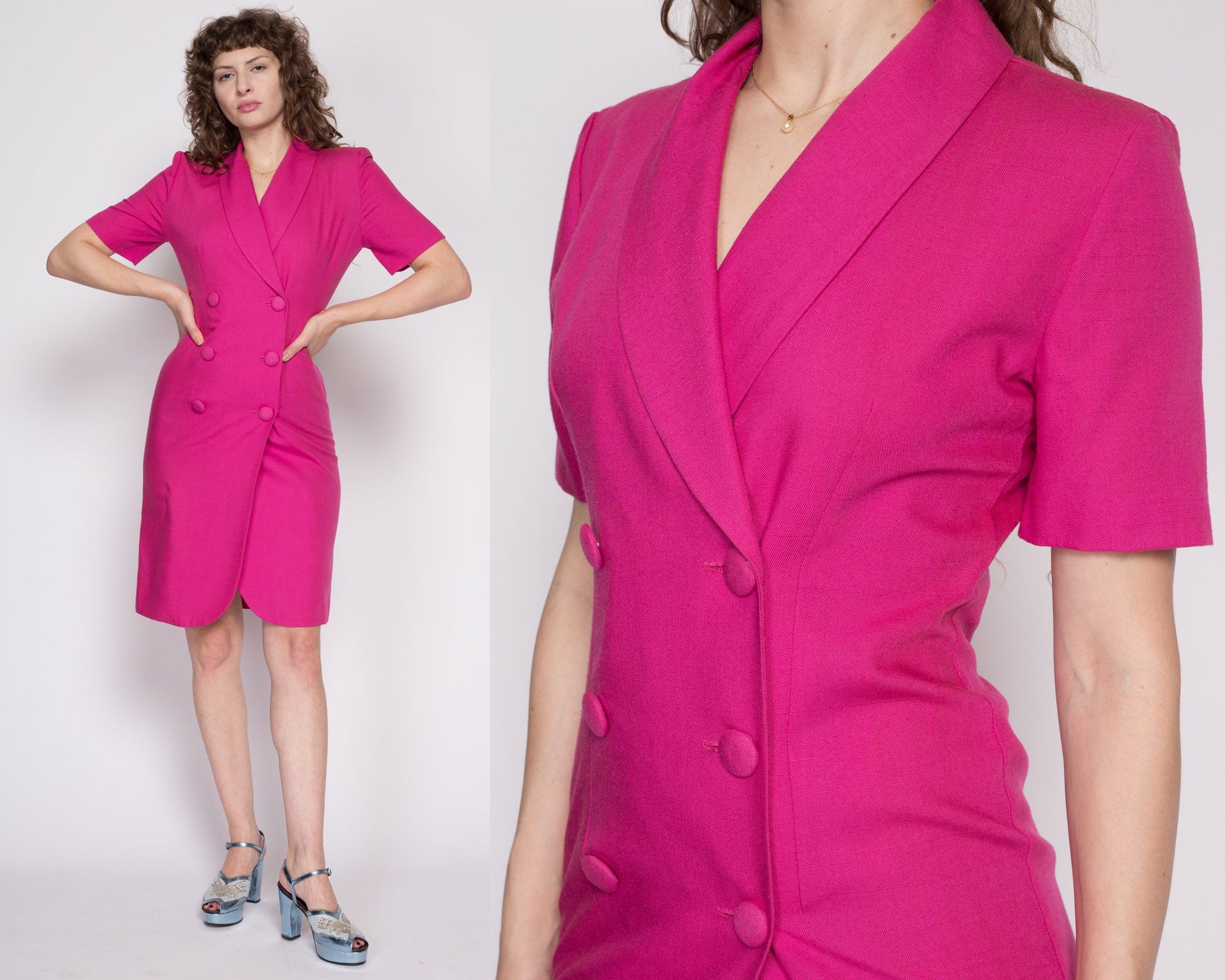 Small 80s Hot Pink Mini Suit Dress | Vintage Collared Double Breasted Short Sleeve Dress