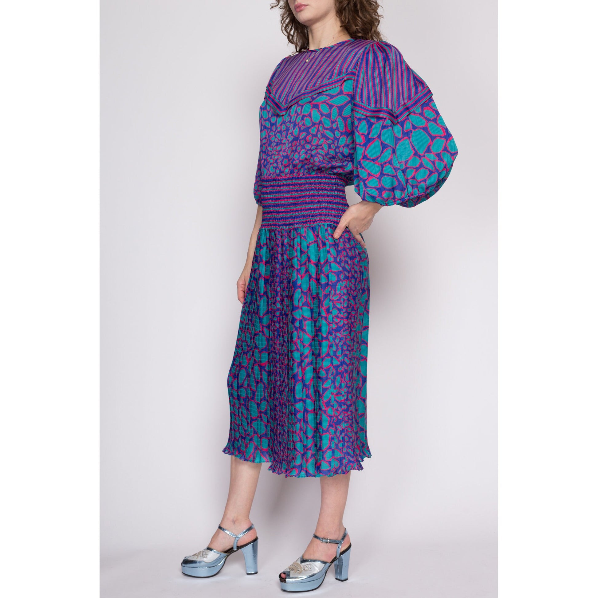 Small 80s Susan Freis Boho Designer Dress | Vintage Purple Blue Georgette Balloon Sleeve Striped Midi Dress