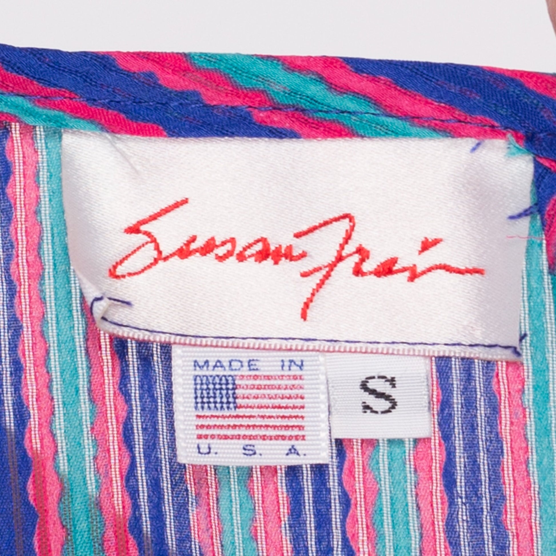 Small 80s Susan Freis Boho Designer Dress | Vintage Purple Blue Georgette Balloon Sleeve Striped Midi Dress