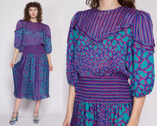 Small 80s Susan Freis Boho Designer Dress | Vintage Purple Blue Georgette Balloon Sleeve Striped Midi Dress