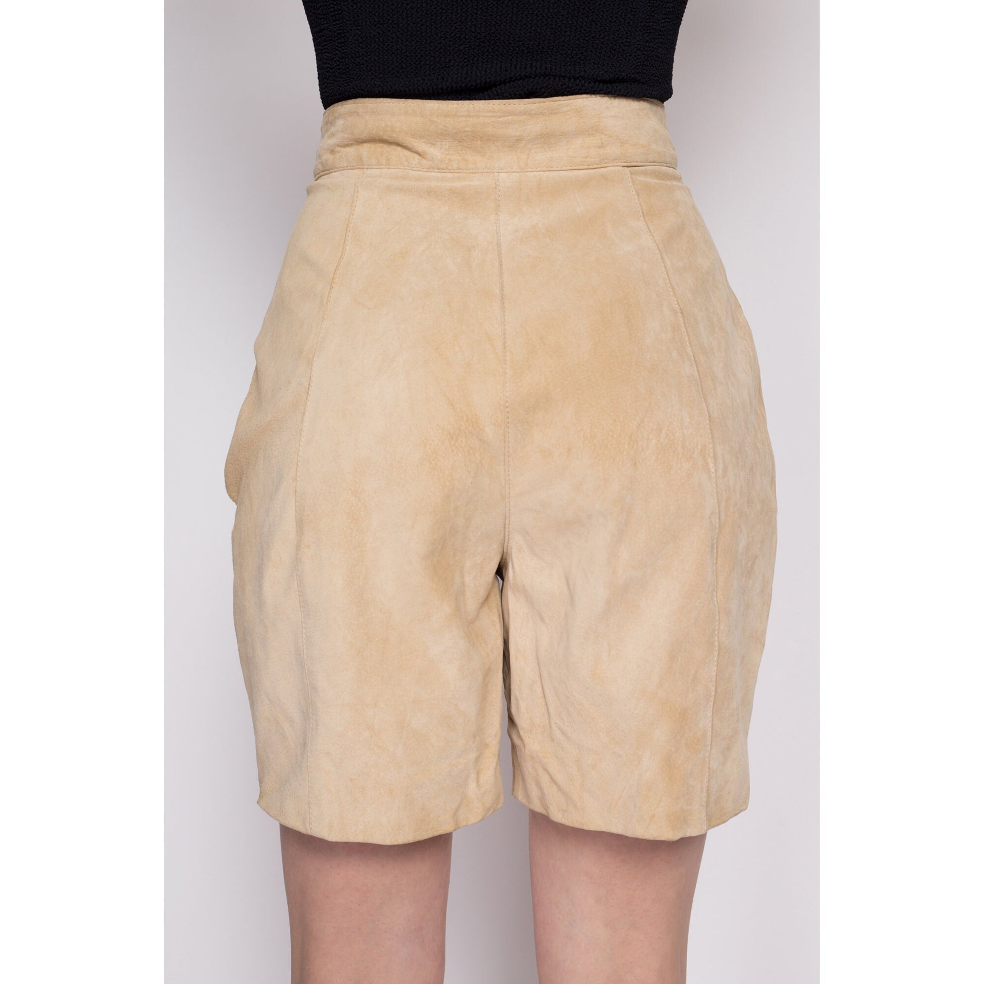 Sm-Med 80s Tan Suede Leather Shorts 27" | Vintage High Waisted Pleated Shorts