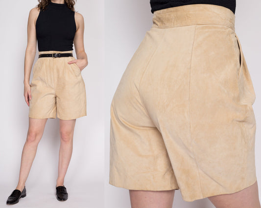 Sm-Med 80s Tan Suede Leather Shorts 27" | Vintage High Waisted Pleated Shorts