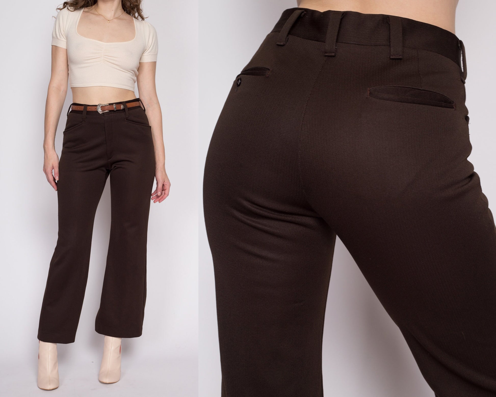 30.5" 70s Brown Haggar Slacks Unisex | Vintage High Waisted Flared Bootcut Trousers