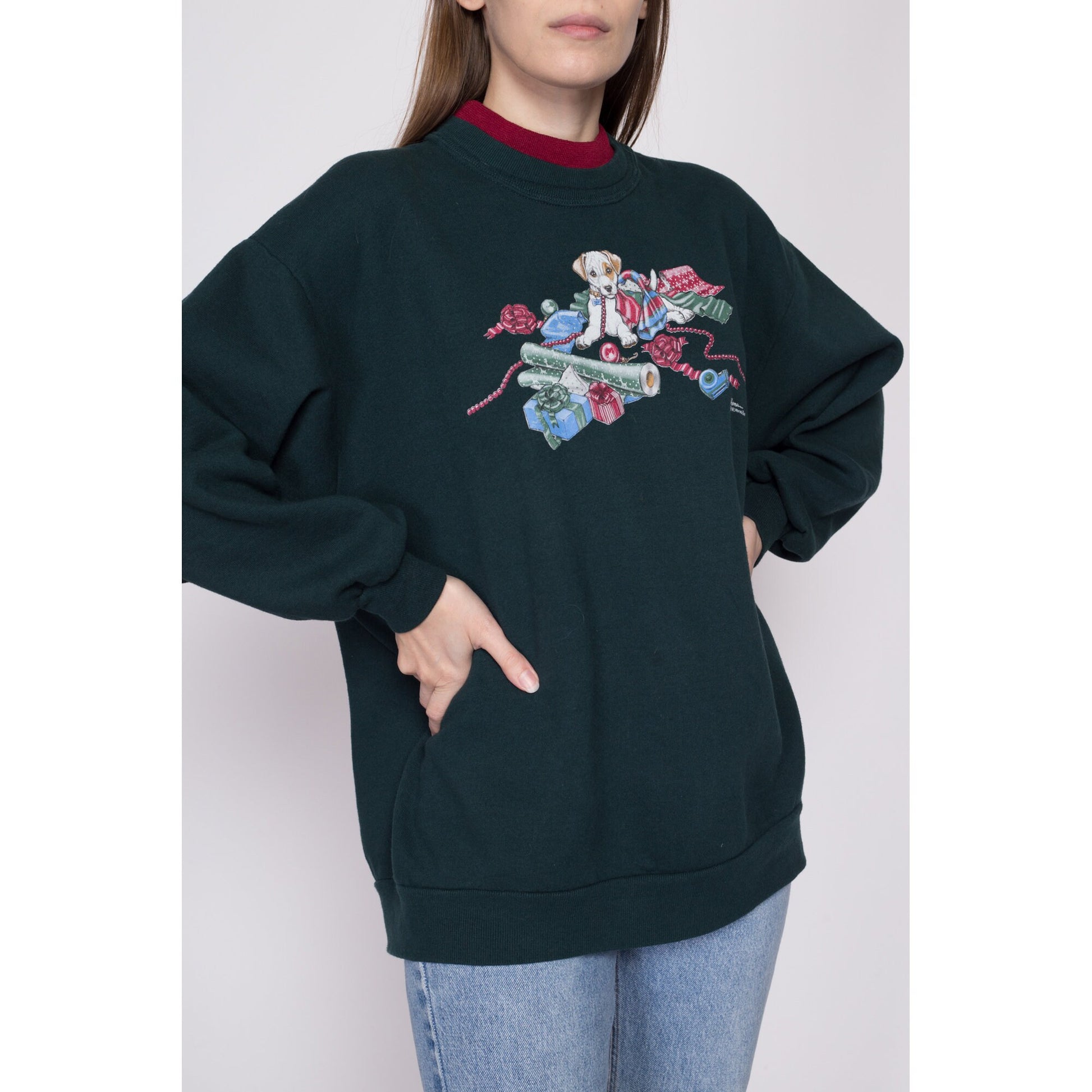 1X 90s Christmas Puppy Sweatshirt | Vintage Green Animal Graphic Collared Pullover