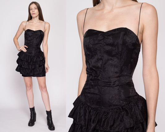 XS 80s Black Satin Ruffled Party Dress | Vintage Floral Jacquard Strapless Prom Formal Mini Peplum Gown