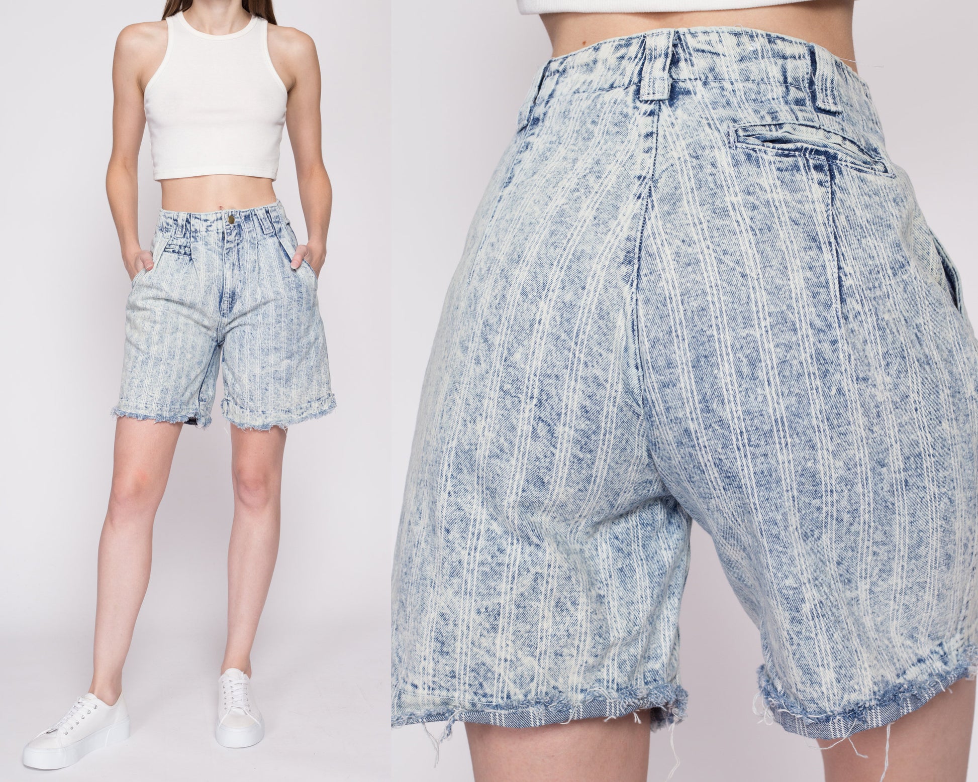 XS 80s Acid Wash Striped Jean Shorts 25" | Vintage Grunge Pleated Denim Wide Leg Frayed Shorts