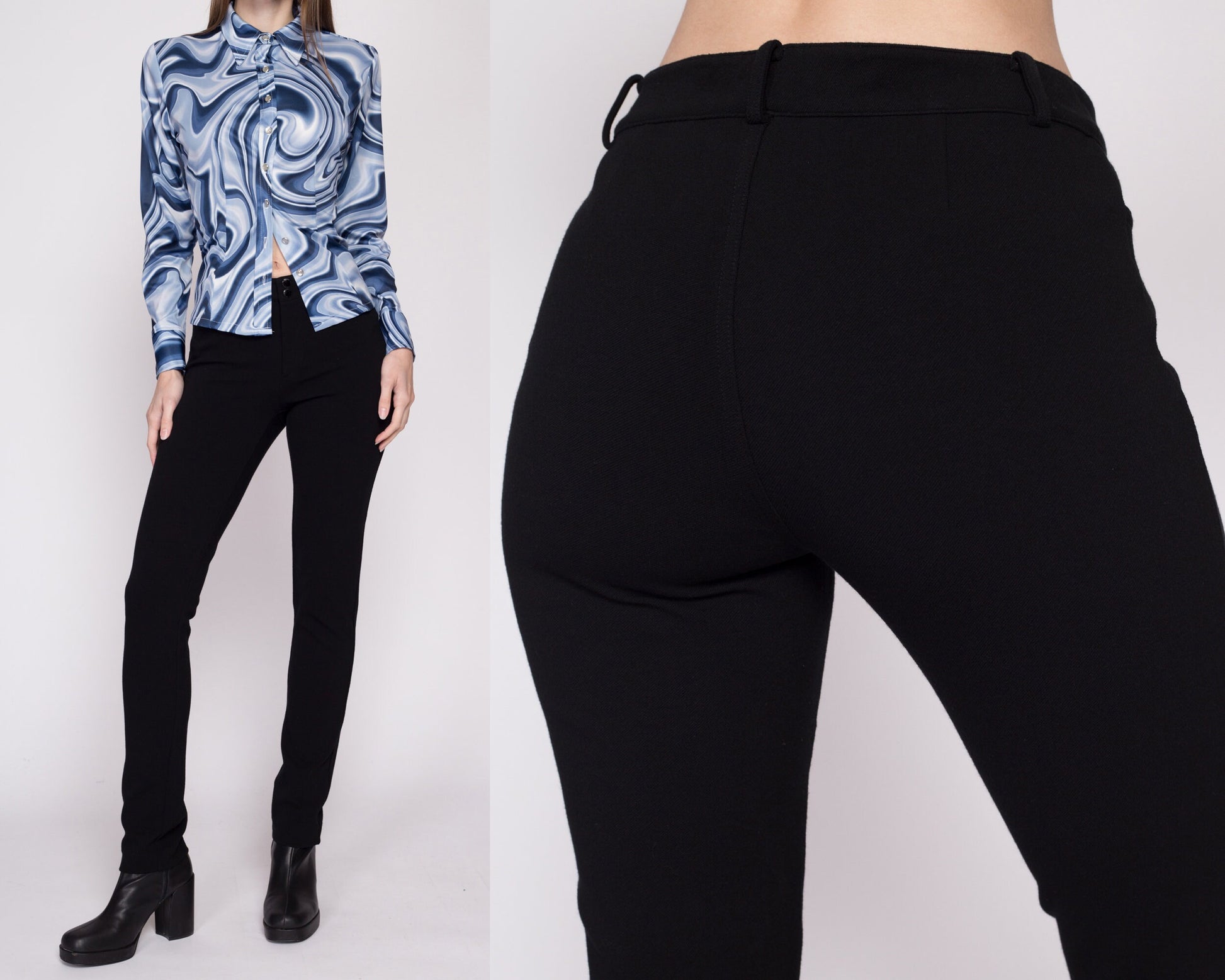 Small Vintage Ralph Lauren Slim Stretch Pants | Y2K Mid Rise Black Trousers
