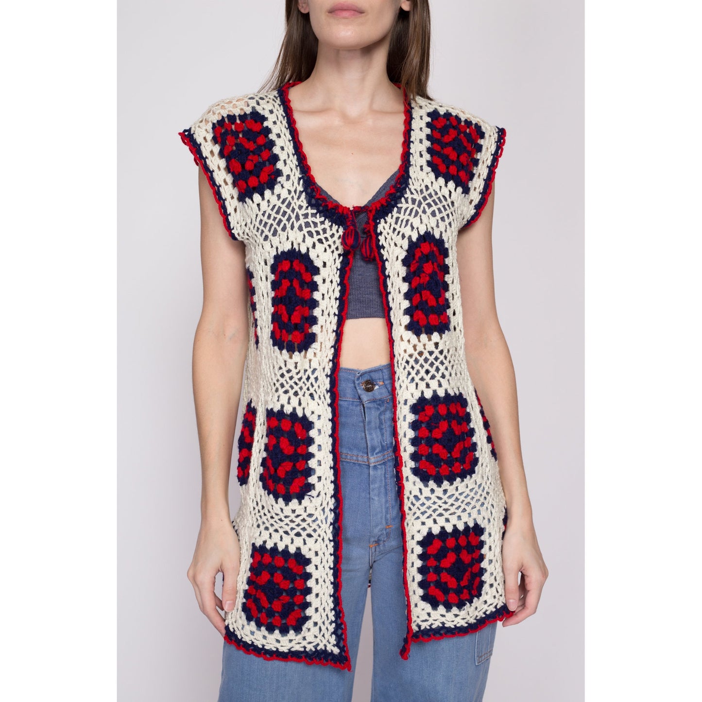 One Size 70s Granny Square Crochet Knit Hippie Vest | Vintage Boho Red White Blue Open Fit Sleeveless Cardigan