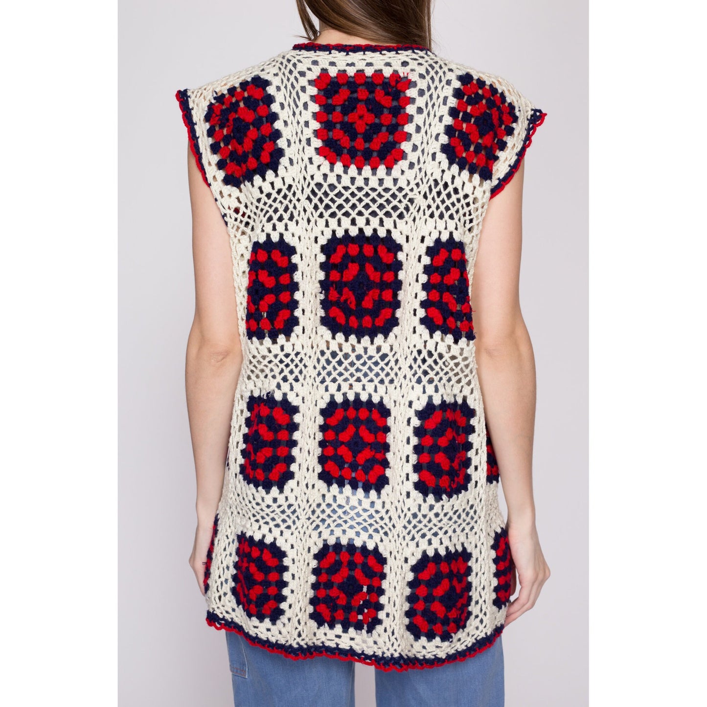 One Size 70s Granny Square Crochet Knit Hippie Vest | Vintage Boho Red White Blue Open Fit Sleeveless Cardigan