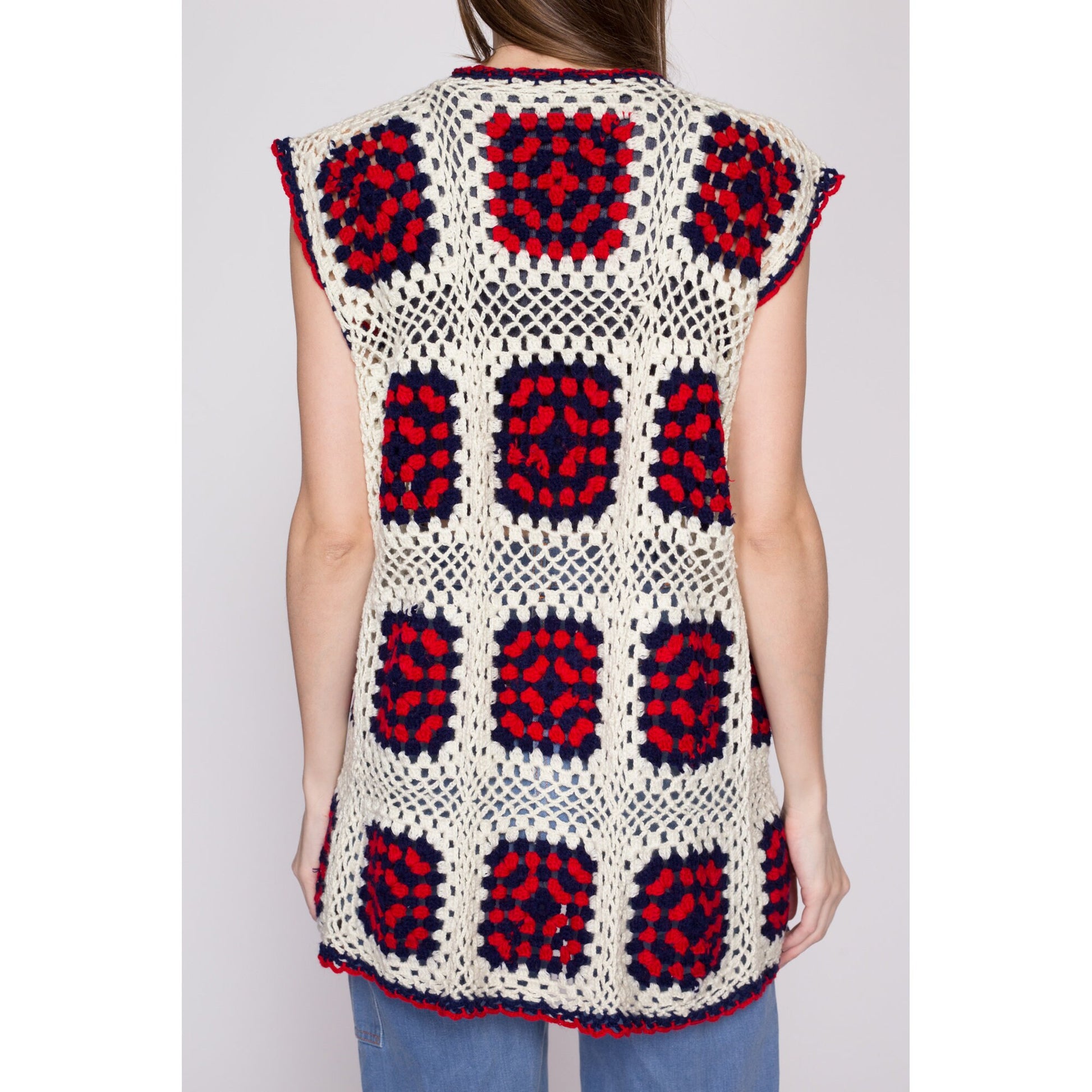 One Size 70s Granny Square Crochet Knit Hippie Vest | Vintage Boho Red White Blue Open Fit Sleeveless Cardigan