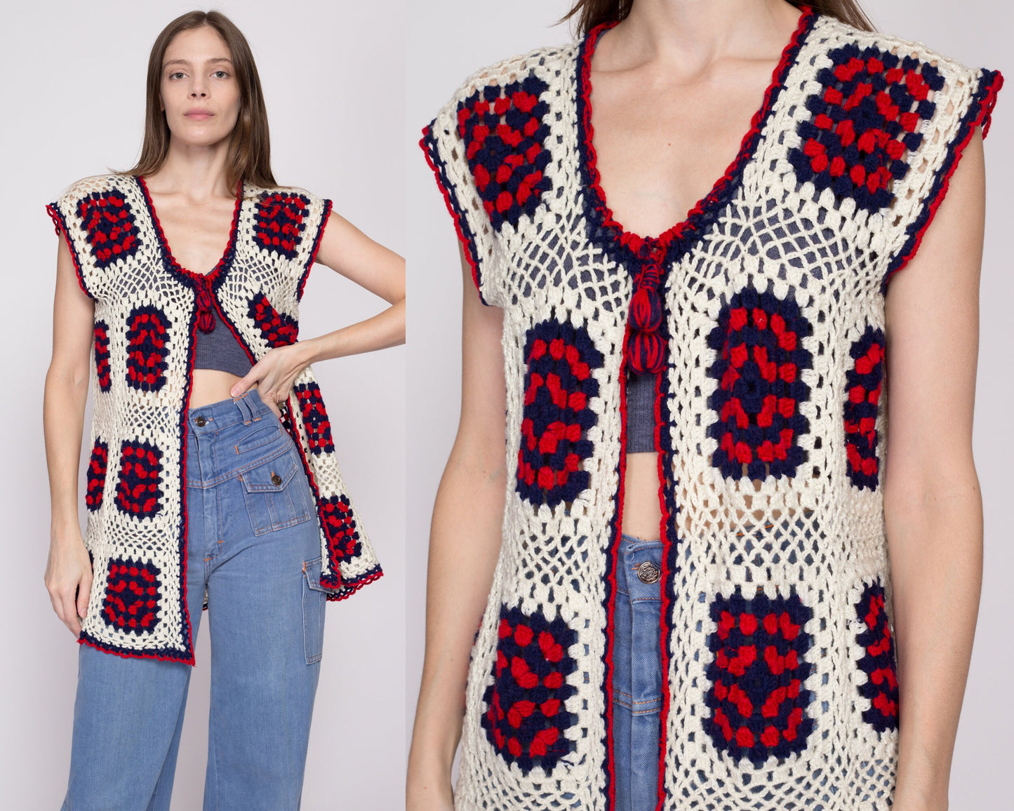 One Size 70s Granny Square Crochet Knit Hippie Vest | Vintage Boho Red White Blue Open Fit Sleeveless Cardigan