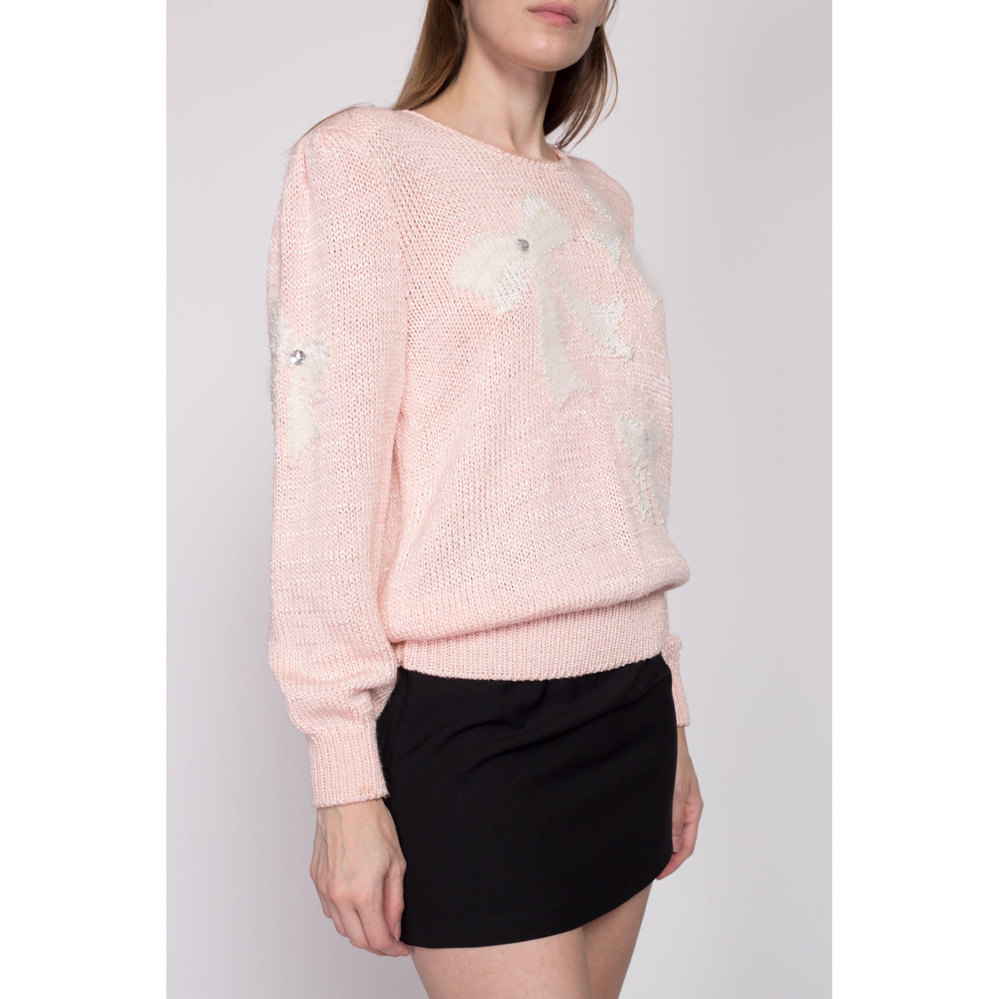 Med-Lrg 80s Pink Pastel Angora Bow Sweater | Vintage Knit Pearl Beaded Long Sleeve Pullover