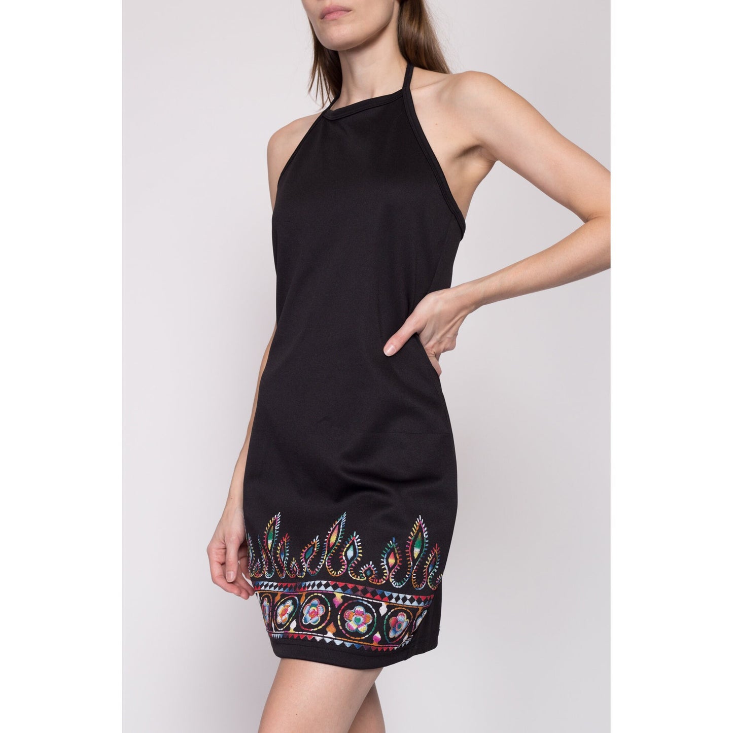 Small 90s Black Floral Trim Halter Mini Dress | Vintage Sleeveless Boho Sundress