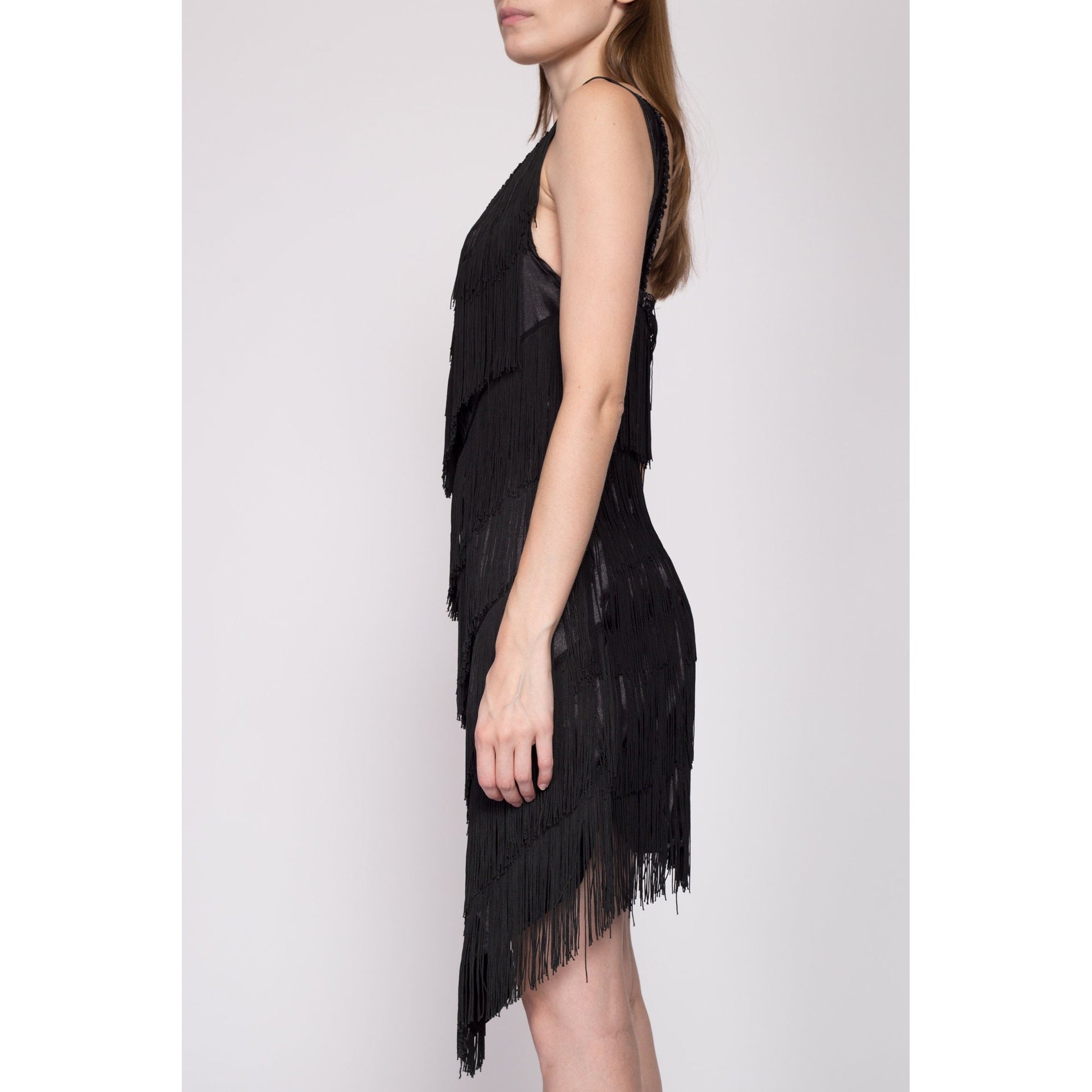 Small 90s Black Fringe Flapper Party Dress | Vintage 1920s Gatsby Costume Mini High Low Dress