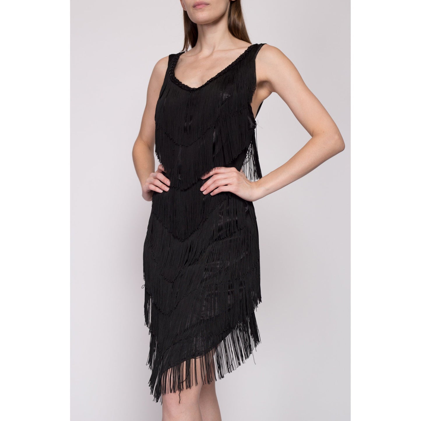 Small 90s Black Fringe Flapper Party Dress | Vintage 1920s Gatsby Costume Mini High Low Dress