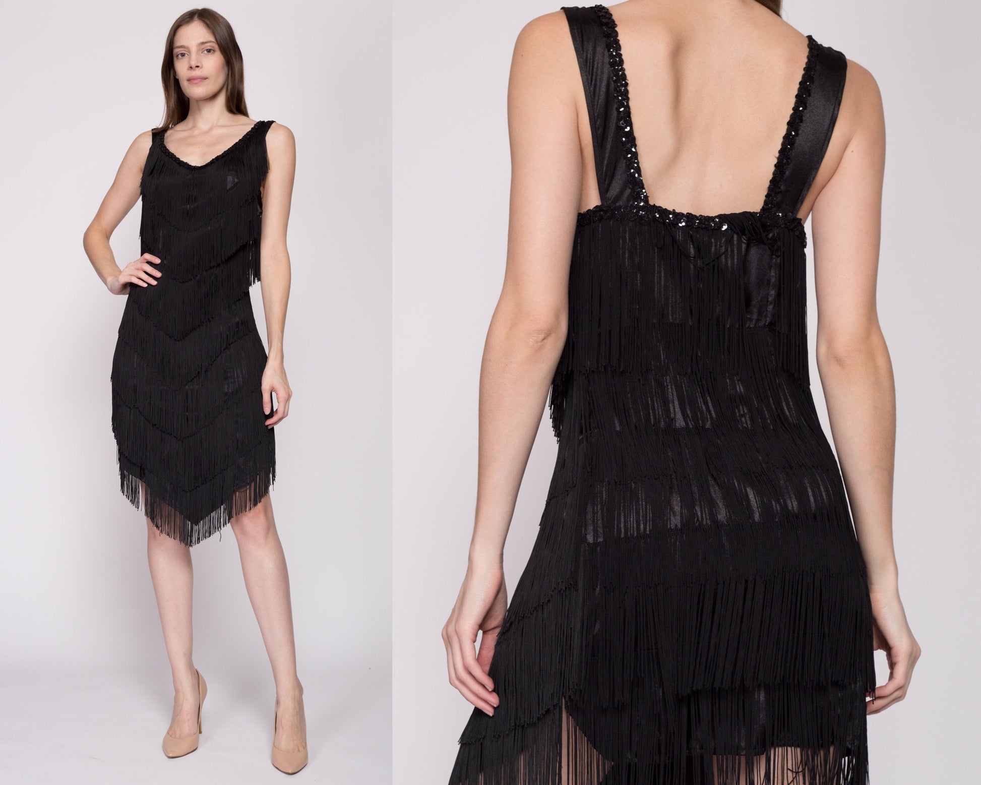 Small 90s Black Fringe Flapper Party Dress | Vintage 1920s Gatsby Costume Mini High Low Dress