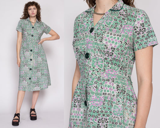 Medium 1950s Green & Purple Floral Midi Shirtdress As Is | Retro Vintage 50s Button Front Short Sleeve Day Dress