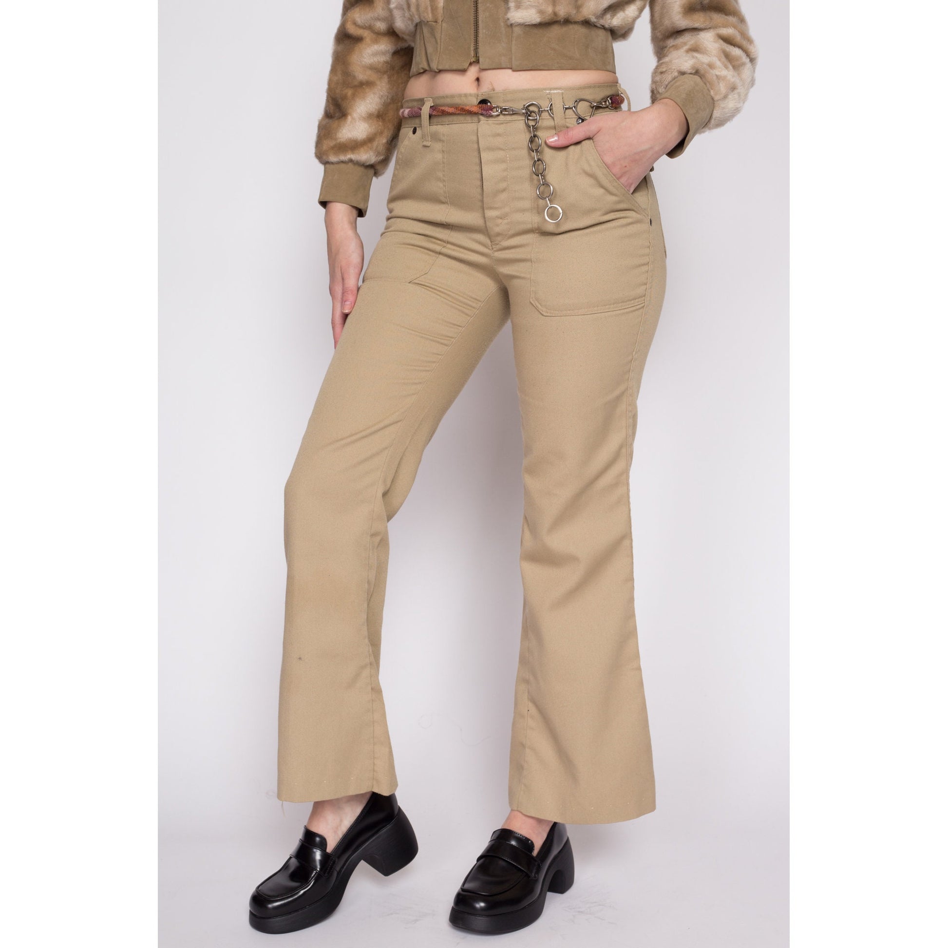 Small 70s Khaki Hip Hugger Rivet Flares | Vintage Mr. Leggs Mid Rise Retro Flared Leg Disco Trousers