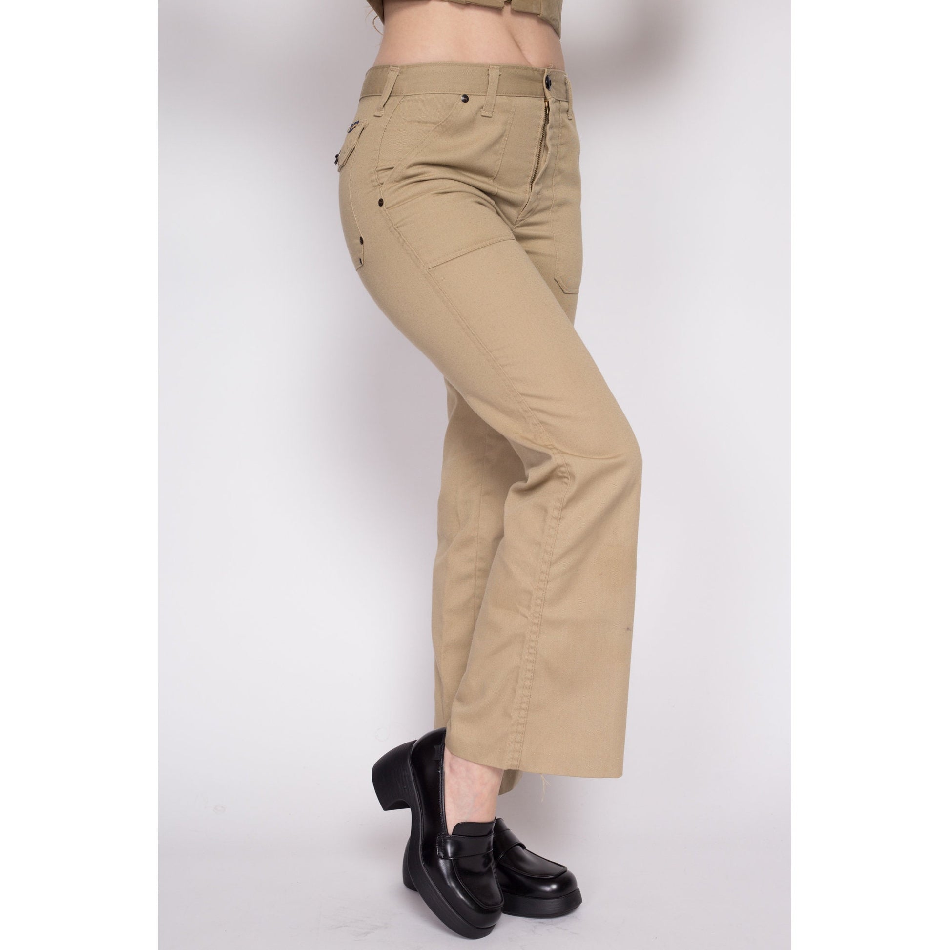 Small 70s Khaki Hip Hugger Rivet Flares | Vintage Mr. Leggs Mid Rise Retro Flared Leg Disco Trousers