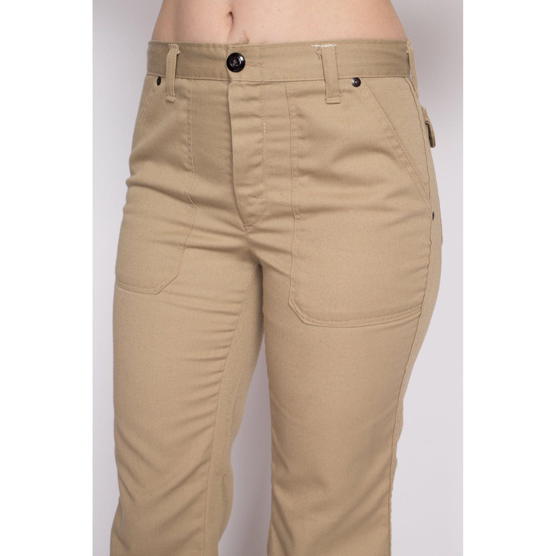 Small 70s Khaki Hip Hugger Rivet Flares | Vintage Mr. Leggs Mid Rise Retro Flared Leg Disco Trousers