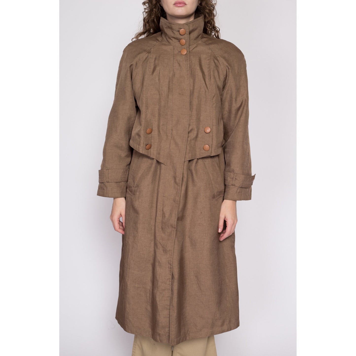 Medium 80s Brown New Wave Trench Coat | Vintage Komitor Minimalist Long Sleeve Midi Jacket