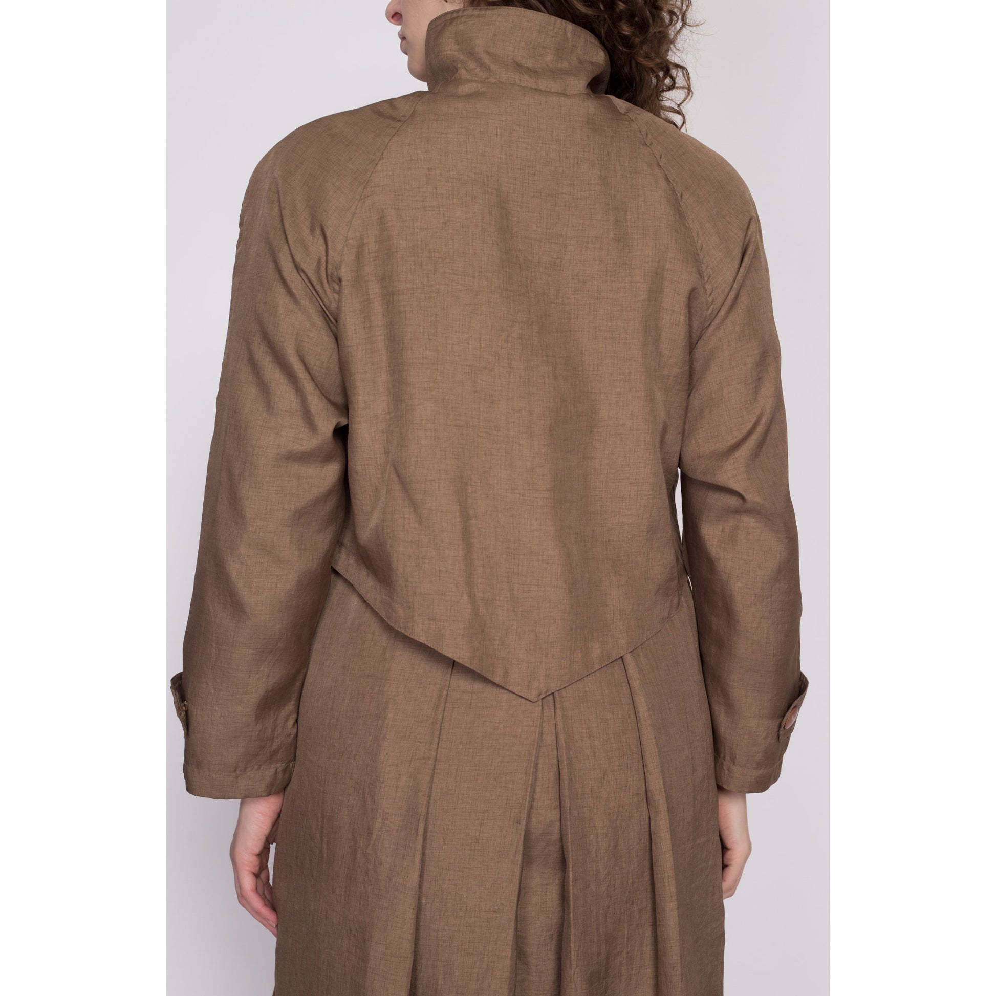 Medium 80s Brown New Wave Trench Coat | Vintage Komitor Minimalist Long Sleeve Midi Jacket