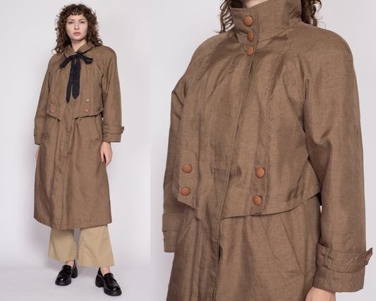 Medium 80s Brown New Wave Trench Coat | Vintage Komitor Minimalist Long Sleeve Midi Jacket
