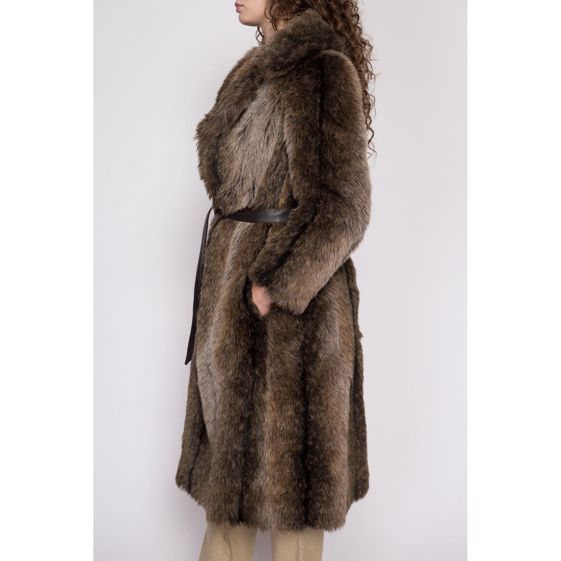 XS 70s Brown Faux Fur Belted Coat | Vintage Glam Long Winter Teddy Jacket