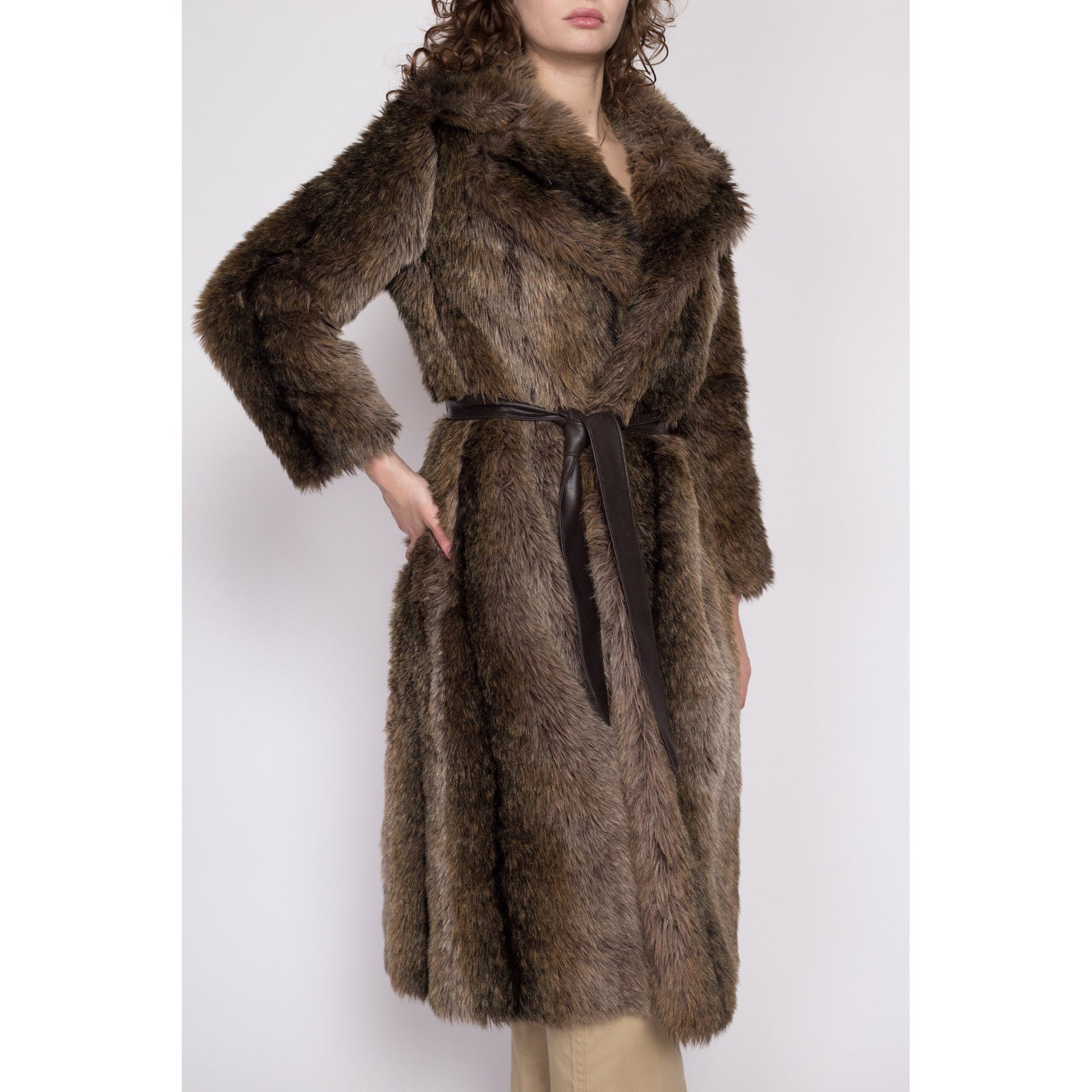 XS 70s Brown Faux Fur Belted Coat | Vintage Glam Long Winter Teddy Jacket