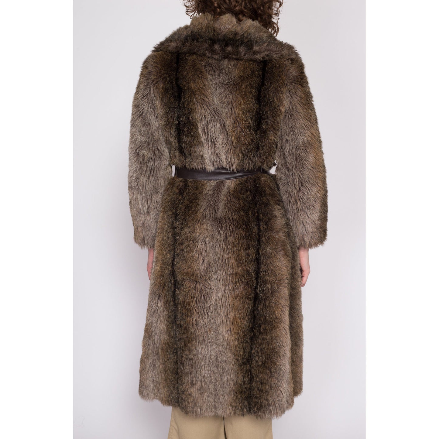 XS 70s Brown Faux Fur Belted Coat | Vintage Glam Long Winter Teddy Jacket